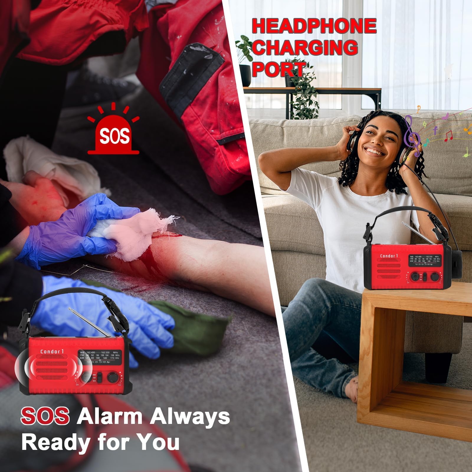 Radio d'urgence 20000mAh, Solaire/Manivelle AM/FM/NOAA, Chargeur Tél., SOS | 74000mWh Autonomie dynamo & solaire: lampe torche, lampe lecture, sirène, charge USB, prise casque. Pour camping, urgences.