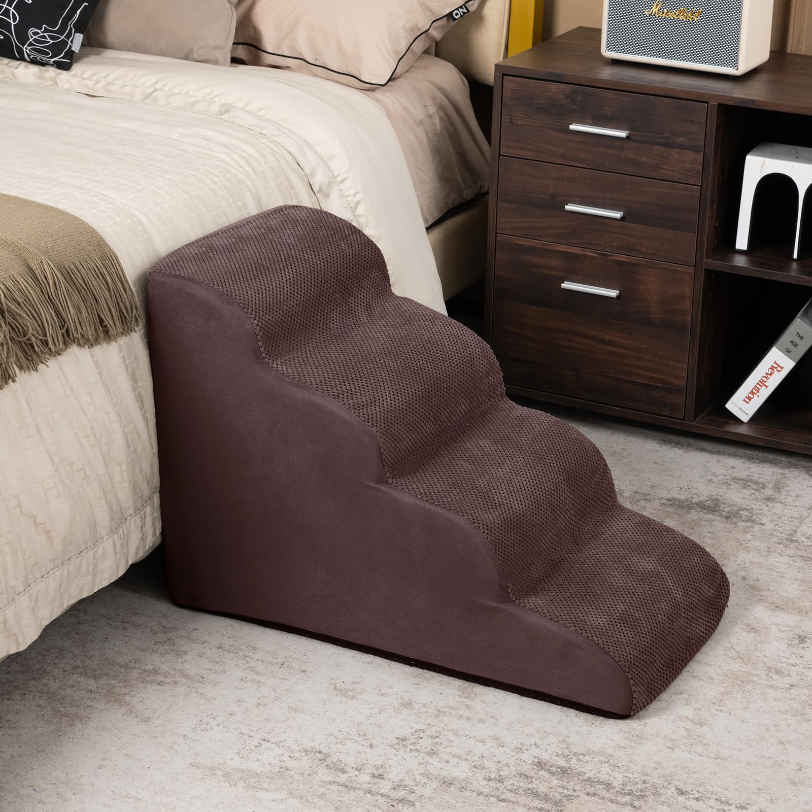 GYMAX Scaletta per Cani in Spugna, Fondo Antiscivolo, Rivestimento Rimovibile e Lavabile, Scala per Animali Domestici per Divano e Letto (4 Gradini - Caffè)