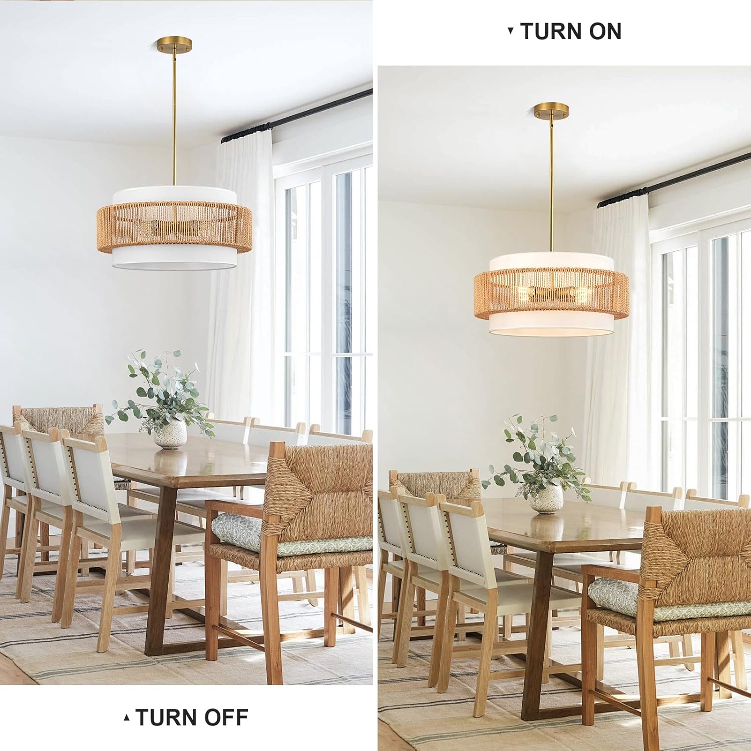 Boho Rattan Chandelier, 19.7" Large Boho Pendant Light with Fabric Lampshade, 4-Light Rattan Light Fixture Ceiling Hanging for Dining Room, Living Room, Bedroom, Kitchen Island, Hallway, Foyer