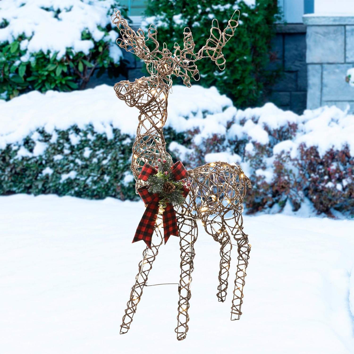 Rattan Standing Reindeer with Bow and LED Lights Patio