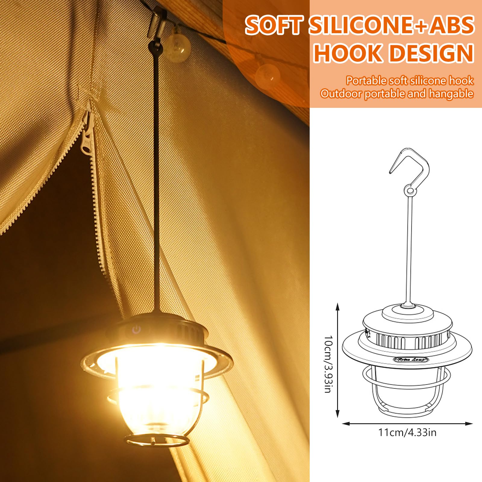 Lampada da campeggio a LED ricaricabile USB: lampada da campeggio portatile con gancio per tenda, escursionismo, pesca, all'aperto e cadute di emergenza, impermeabile IPX4, 4 modalità di
