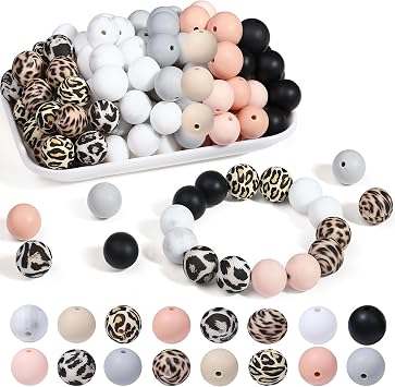 QINJIEJIE 70Pcs 15mm Silicone Beads,Silicone Beads for Keychain Making,Leopard Beads Bulk for Pens/Bracelet/Necklace Making, Round Bead for Crafts Classic Leopard