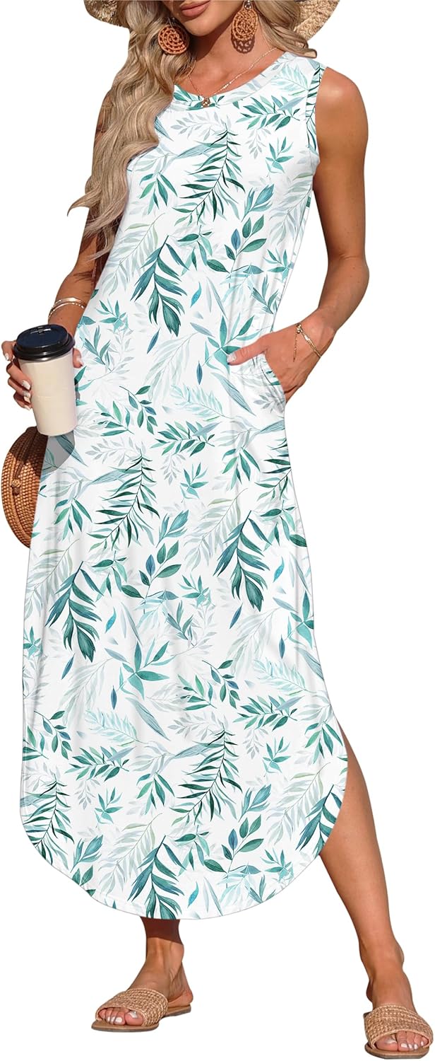 AUSELILY Womens Summer Dresses 2025 Casual Sleeveless Maxi Dress Loose Crewneck Sundresses Split Long Tank Dress with Pockets