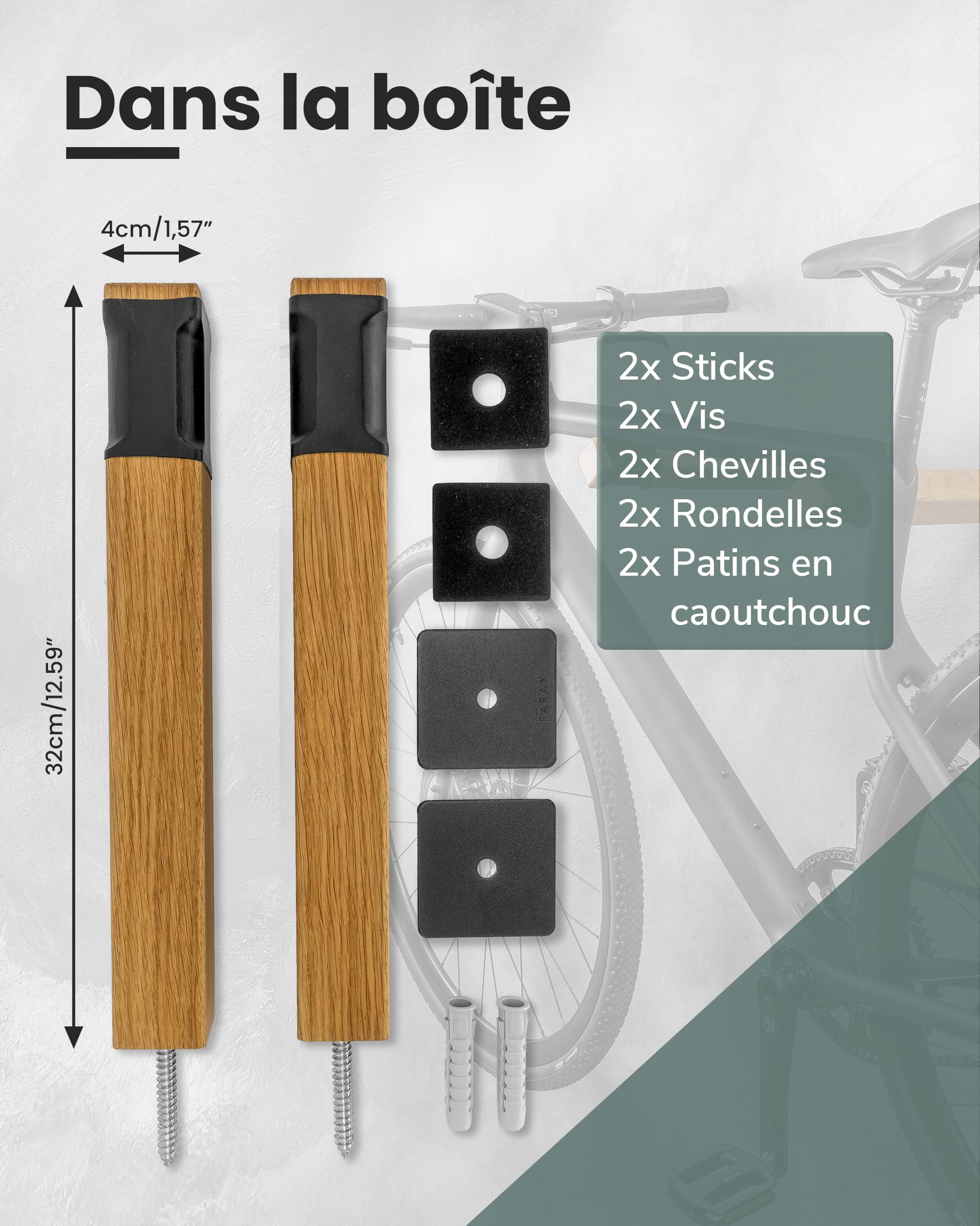 PARAX Support mural pour vélo - Bois et chambre à air - Bâtons de porte-vélos jusqu'à 20 kg - Rangement intérieur des vélos