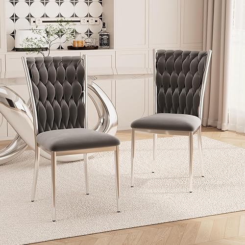Miniatura 17 de Juego de 6 sillas de comedor de terciopelo, modernas sillas de cocina tejidas con patas de metal plateado, cojín tapizado con respaldo alto, Patas