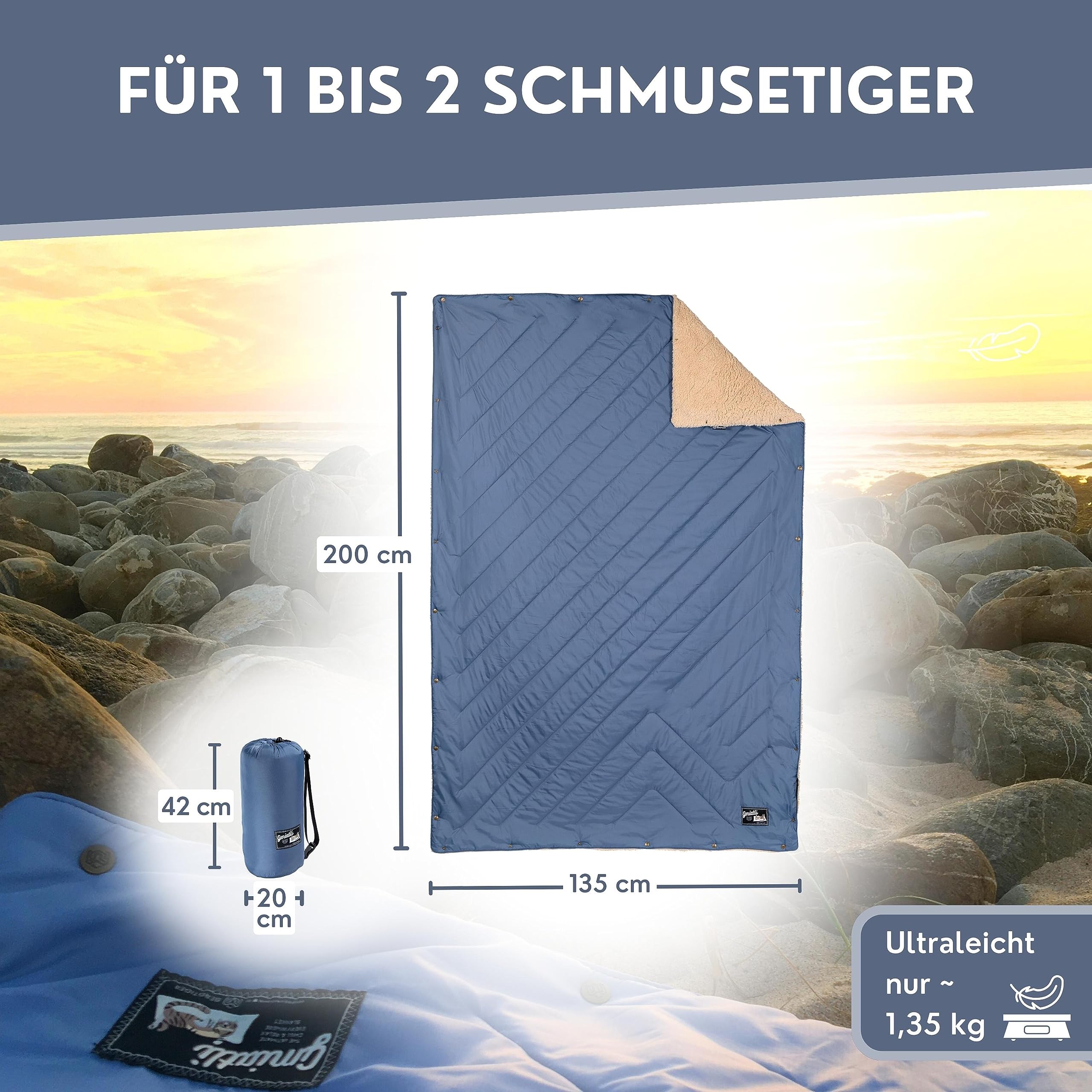GMIATLI - 3in1 Outdoor Decke warm & gemütlich I Camping Decke wasserabweisend + Teflon EcoElite I Reisedecke Ultraleicht I Indoor & Outdoor Decke, Poncho & Schlafsack I Sherpa & Ripstop