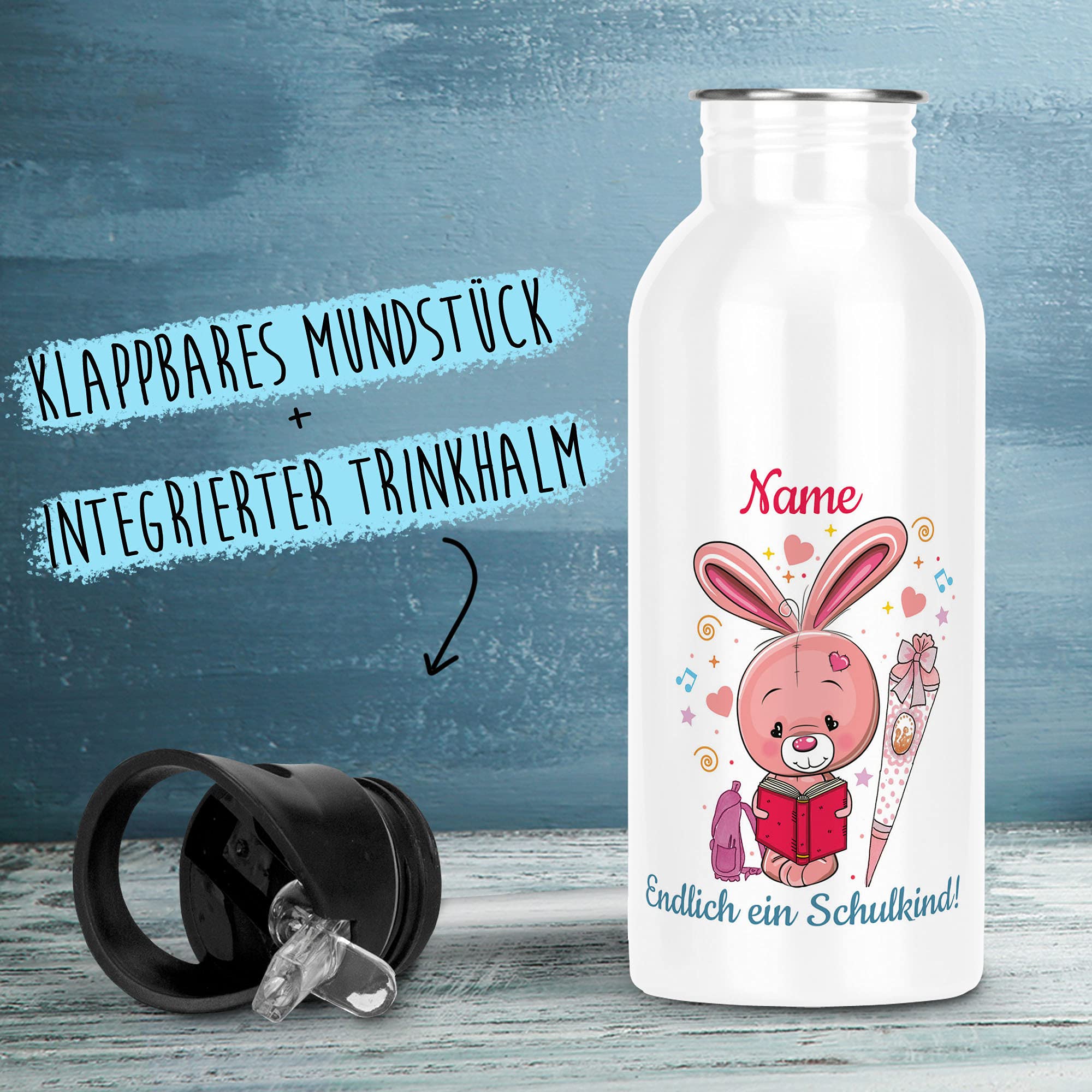 Geschenk-Set aus Trinkflasche und Kissen - Endlich ein Schulkind - Zur Einschulung für Mädchen - mit Wunschname personalisieren - Einschulungsgeschenk - Kissen Rückseite Hellblau - Flasche weiß, 600ml