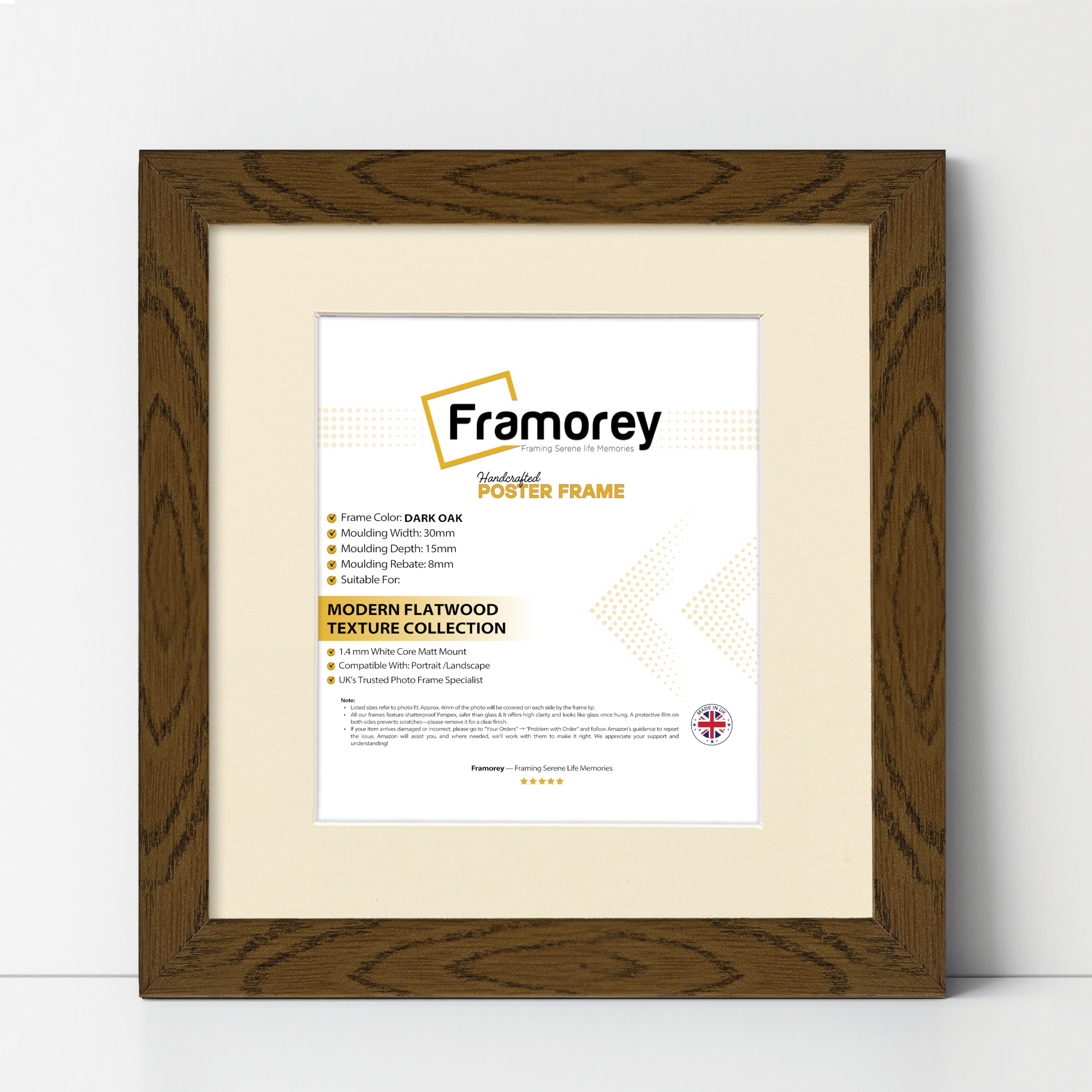 Framorey Framing Serene Life Memories Dark Oak With Ivory Mount Framorey Square Oxford Flat Wooden Effect Picture Frame, 9X9" Size Dark Oak Photo Frame With 7X7" Size Ivory Mount, Photo Print Frame, Best Photo Frames For Birthday Gift