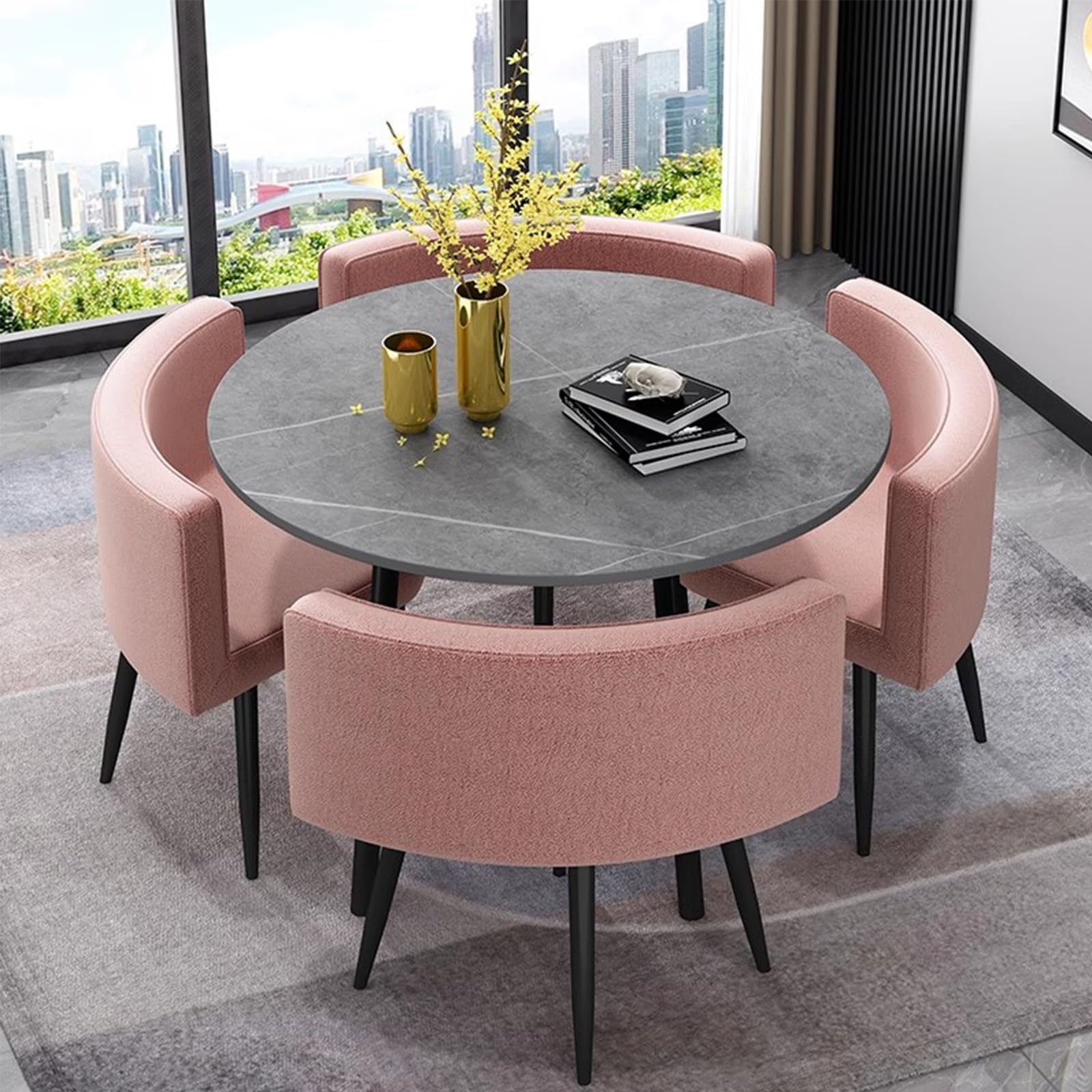 Esstisch Rund, Couchtisch Aus Stein, 80 cm Tisch mit 4 Stühlen Set, Runder Tisch für Das Home Restaurant Cafe(Pink)
