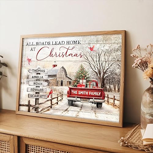 Miniatura 2 de CENOVACY Arte de pared personalizado en lienzo de Navidad familiar, arte de pared de Navidad con nombres de familia en Navidad All Roads con letrero