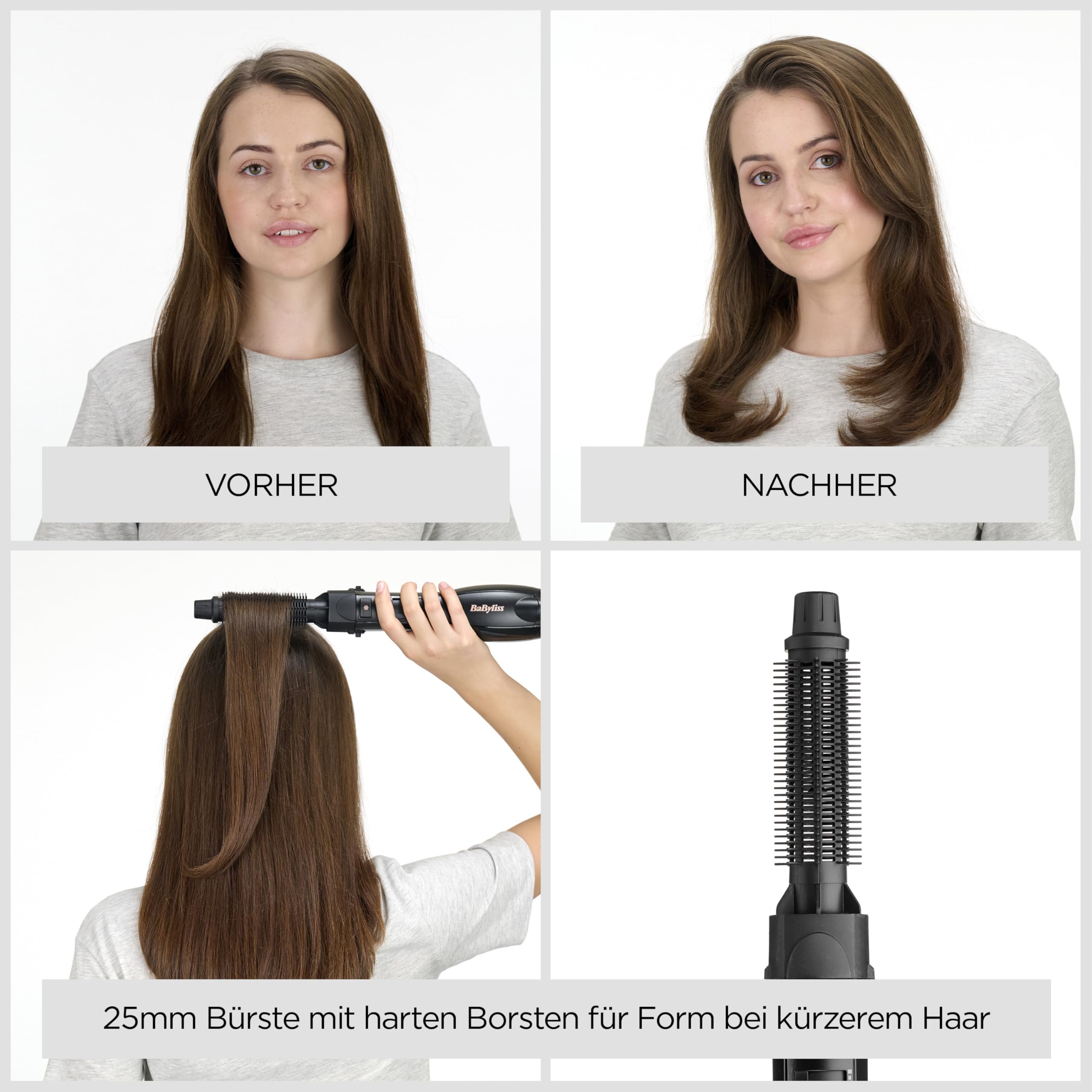 BaByliss Smooth Finish 1200 – 4‑in‑1 Warmluftbürste zum Trocknen, Formen, Glätten & Volumenstyling, Ionen‑ & Keramiktechnologie, 4 Aufsätze, 1200W, Schwarz/Pink, AS122E