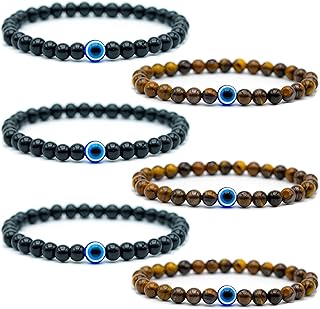 Lameybrt Natural Stone Agate Elastic Evil Eye Bracelet Kit with Charms Adjustable for Men Boyfriend for Gift Boys Stretch Bracelet for Guy Gifts 6mm (X6 Agate Tiger)