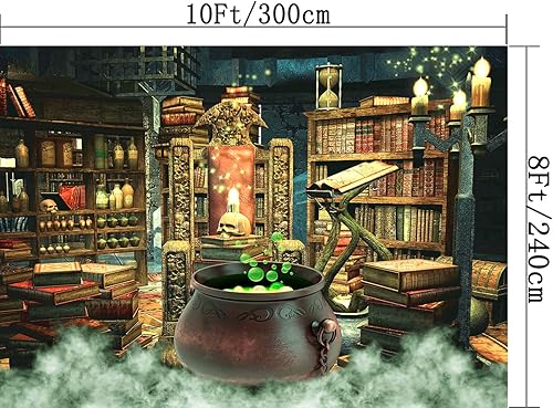 Miniatura 5 de Fondo de fotografía de Halloween, bruja, caldero mágico, estantería en habitación espeluznante, decoración de fiesta, fondo de retrato de vinilo,