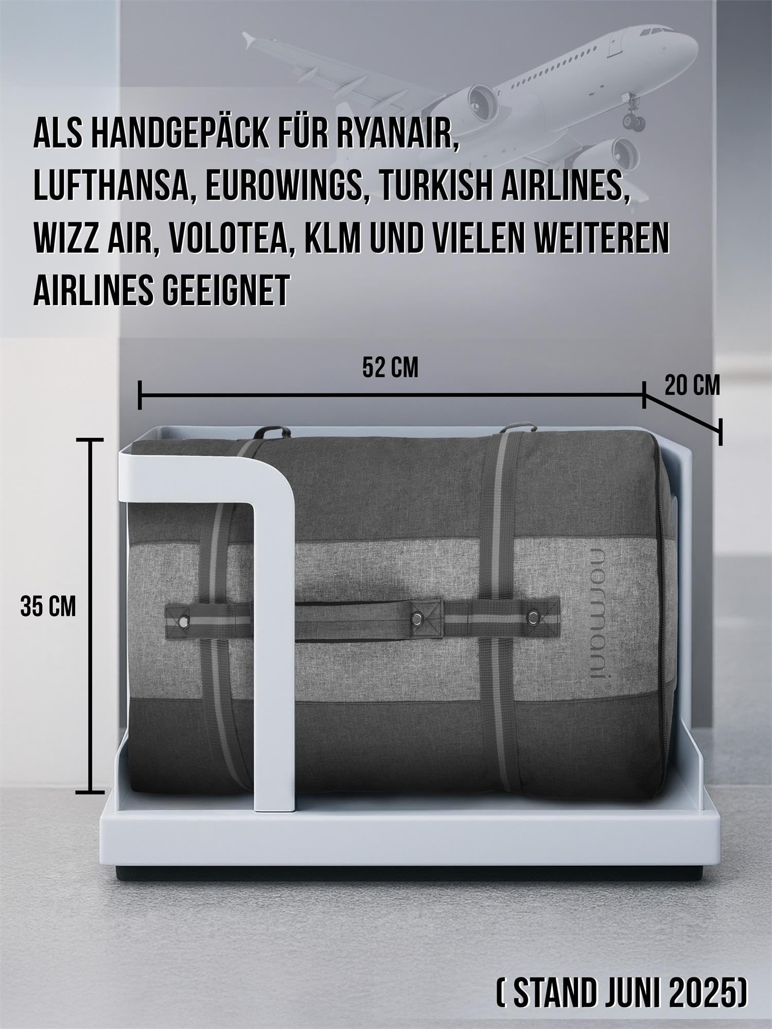 Handgepäck Reisetasche Trolley 45 L Bordgepäck Travel Bag mit Rollen Cabin Bag für Lufthansa, Eurowings, Ryanair, KLM, Volotea, Turkish Airline, Wizz Air - (52x38x20-28 cm) Dunkelgrau/Grau 45 Liter