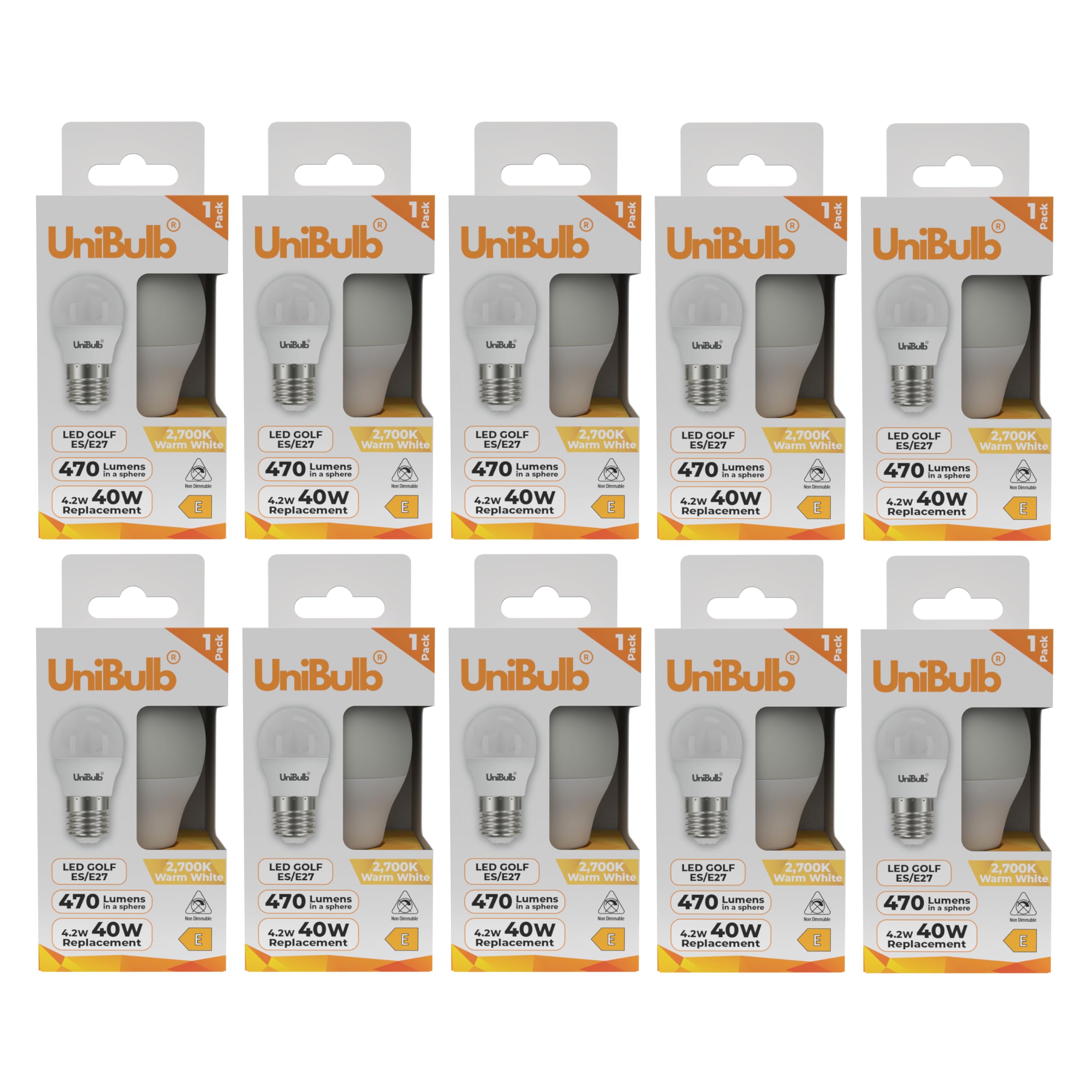 Unibulb E27 Edison Screw (ES) LED Golf Ball Light Bulb, 470 Lumens, 4.2W, 2700K Warm White, Replaces 40W, Non-Dimmable, 25yr Lifespan (10)
