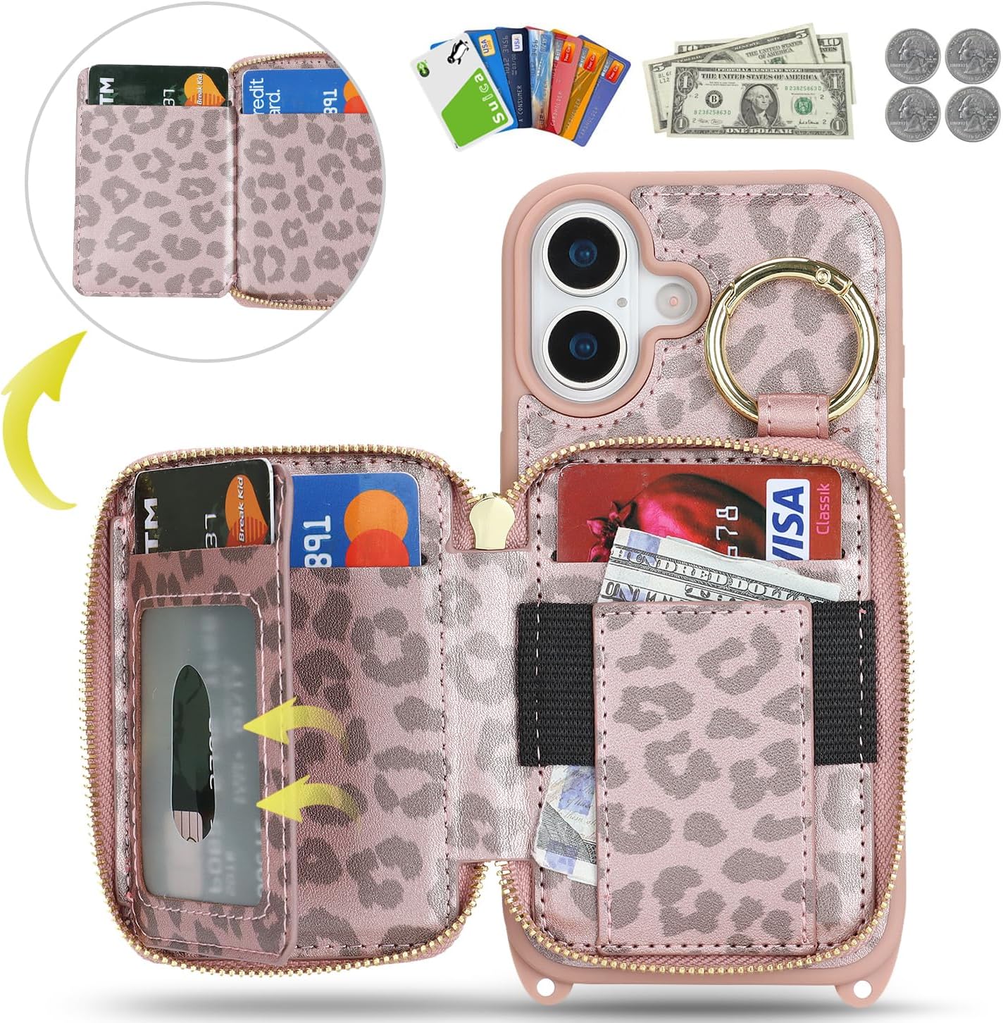 Crossbody Wallet Case for iPhone 16, PU Leather Zipper Handbag Purse Flip Cover, Kickstand Folio Case with Card Slots Holder Wrist Strap Lanyard 5G 6.1 Inch-Pink Leopard