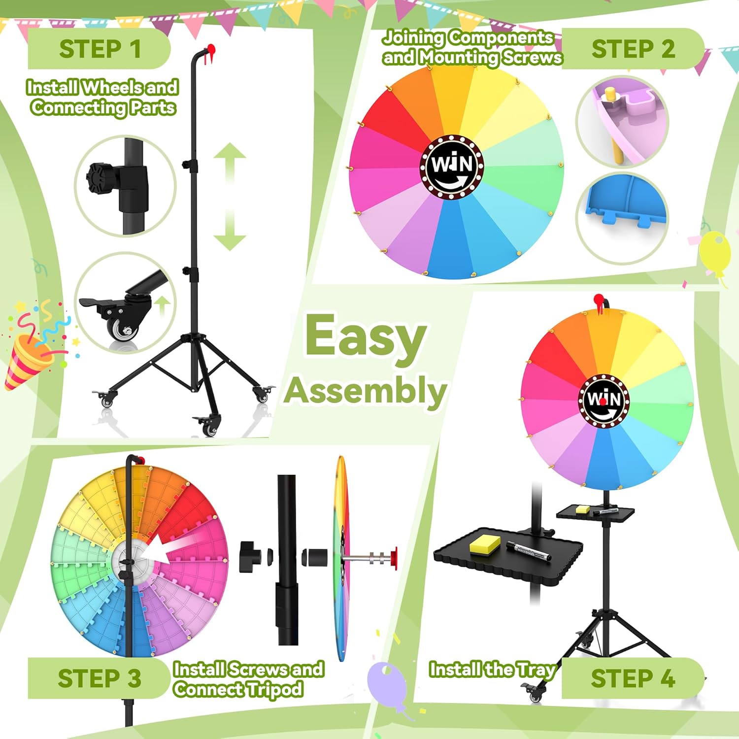 24-Inch Prize Wheel with Lockable Wheels, Portable 14-Color Spinning Prize Wheel, Adjustable 33"-66" Height Spin Doodle Game Spinner with Folding Tripod Stand, Storable Spinning Wheel for Prizes