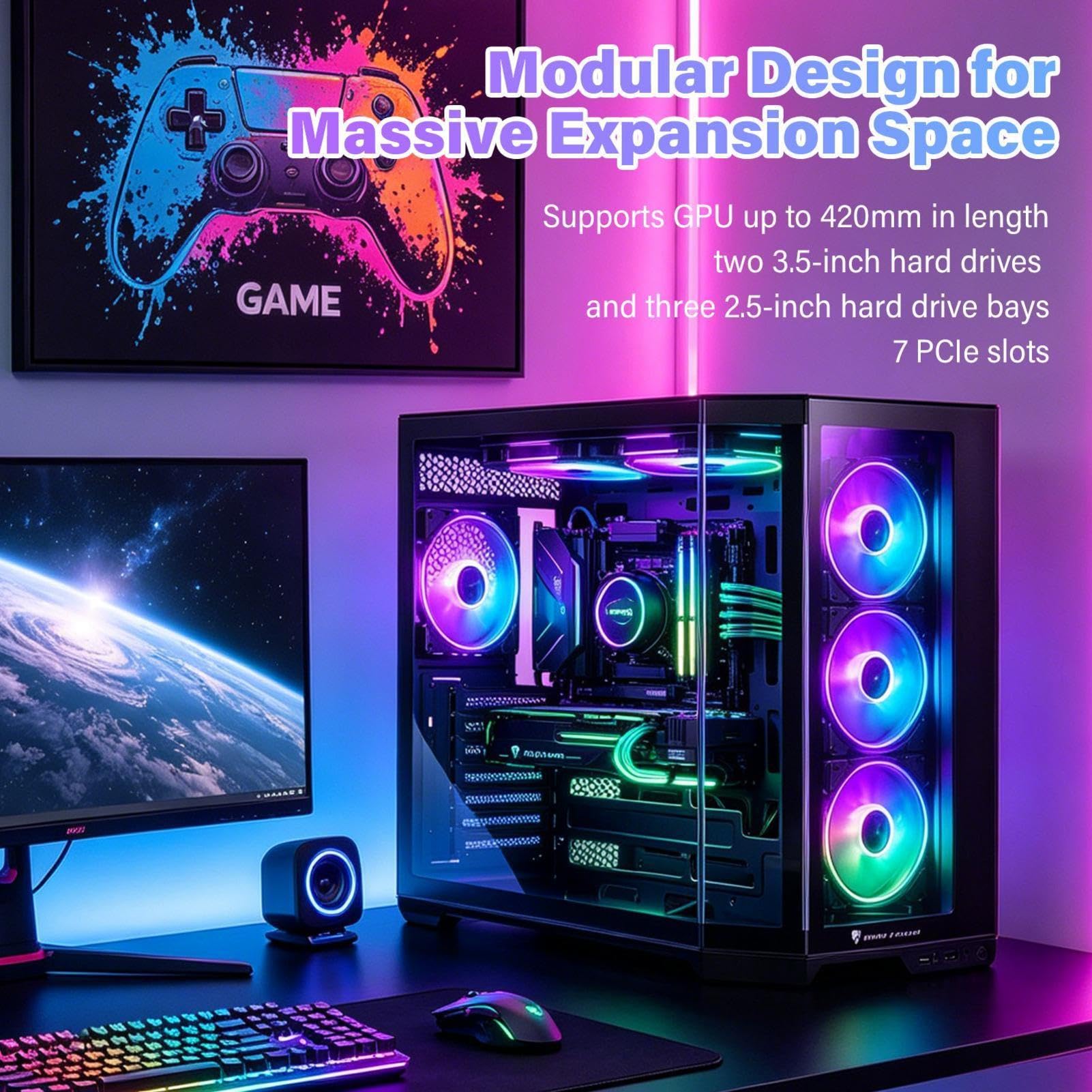 ATX PC Gehäuse, 10 Lüfter, Gehärtetes Glas, Hoher Airflow