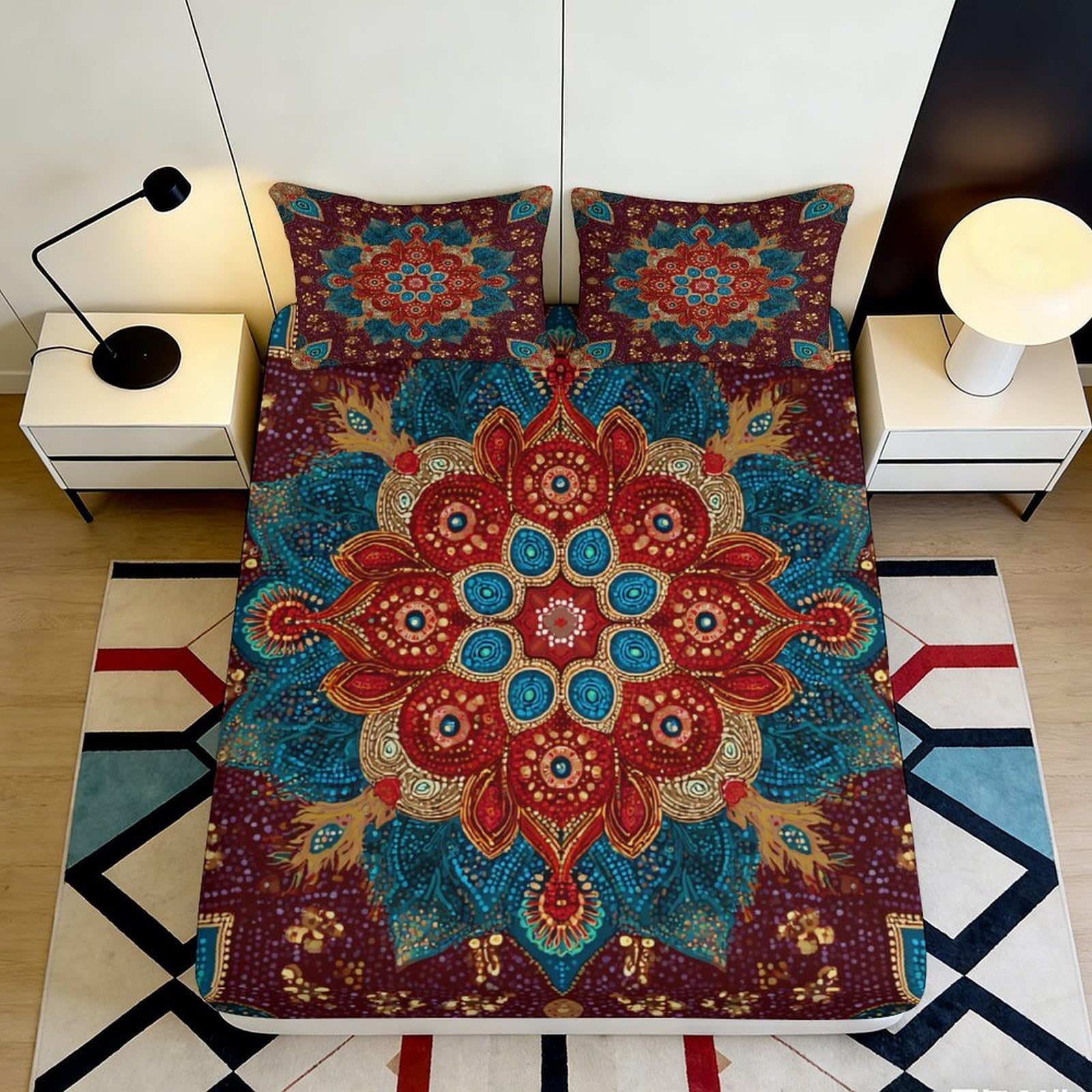 3D Printed Mandala Flower Fitted Sheet Microfiber Soft Breathable Boho Art Mattress Cover for Bedroom Dorm Decor 120x200cm 120x200x25cm