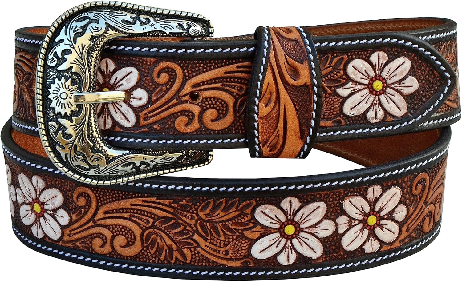 Affilare Western Belt Genuine Leather Cowgirl Belt Floral Tooled Leather Belt With Removeable Buckle 30AB102