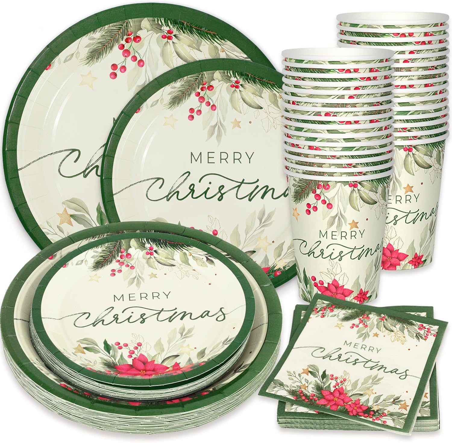Whaline 24 Sets Christmas Holly Paper Plates Cups Napkins Party Decorations Poinsettia Mistletoe Disposable Plates Merry Christmas Tableware Set for Xmas Winter Holiday Wedding Birthday Party