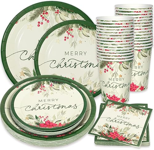 Whaline Juego de 24 platos de papel de Navidad, tazas, servilletas, decoraciones de fiesta, nochebuena, muérdago, platos desechables, juego de