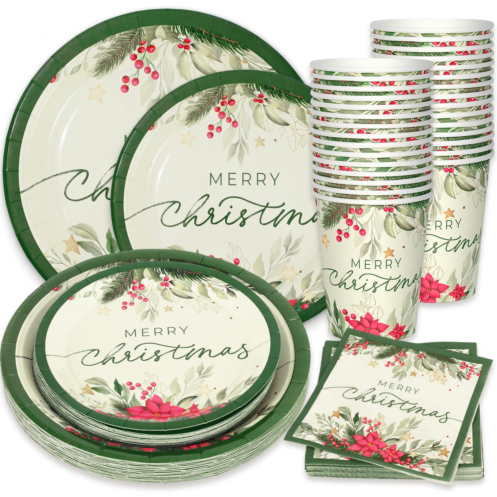 Whaline 24 Sets Christmas Holly Paper Plates Cups Napkins Party Decorations Poinsettia Mistletoe Disposable Plates Merry Christmas Tableware Set for Xmas Winter Holiday Wedding Birthday Party