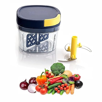 YAJNAS Premium Vegetable & Fruit Chopper with Anti Slip Silicon Base Ring, Tight Air Lid, for Chopping, Mincing and Whisking with 3 SS Blades & 1 Plastic Whisker(Multicolor,Pack of 1)(Size- 650ml)
