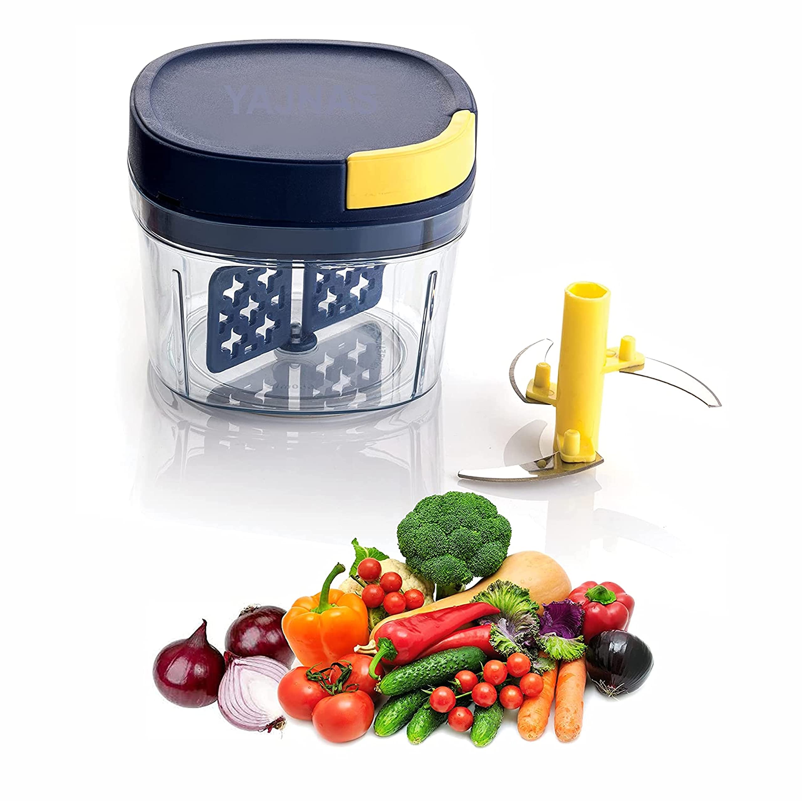 YAJNAS Premium Vegetable and Fruit Chopper/Cutter with Silicon Base Ring, Air Tight Lid, for Chopping, Mincing and Whisking with 1 Plastic Whisker & 3 SS Blades (Multicolor,Pack of 1)(Size- 650ml)