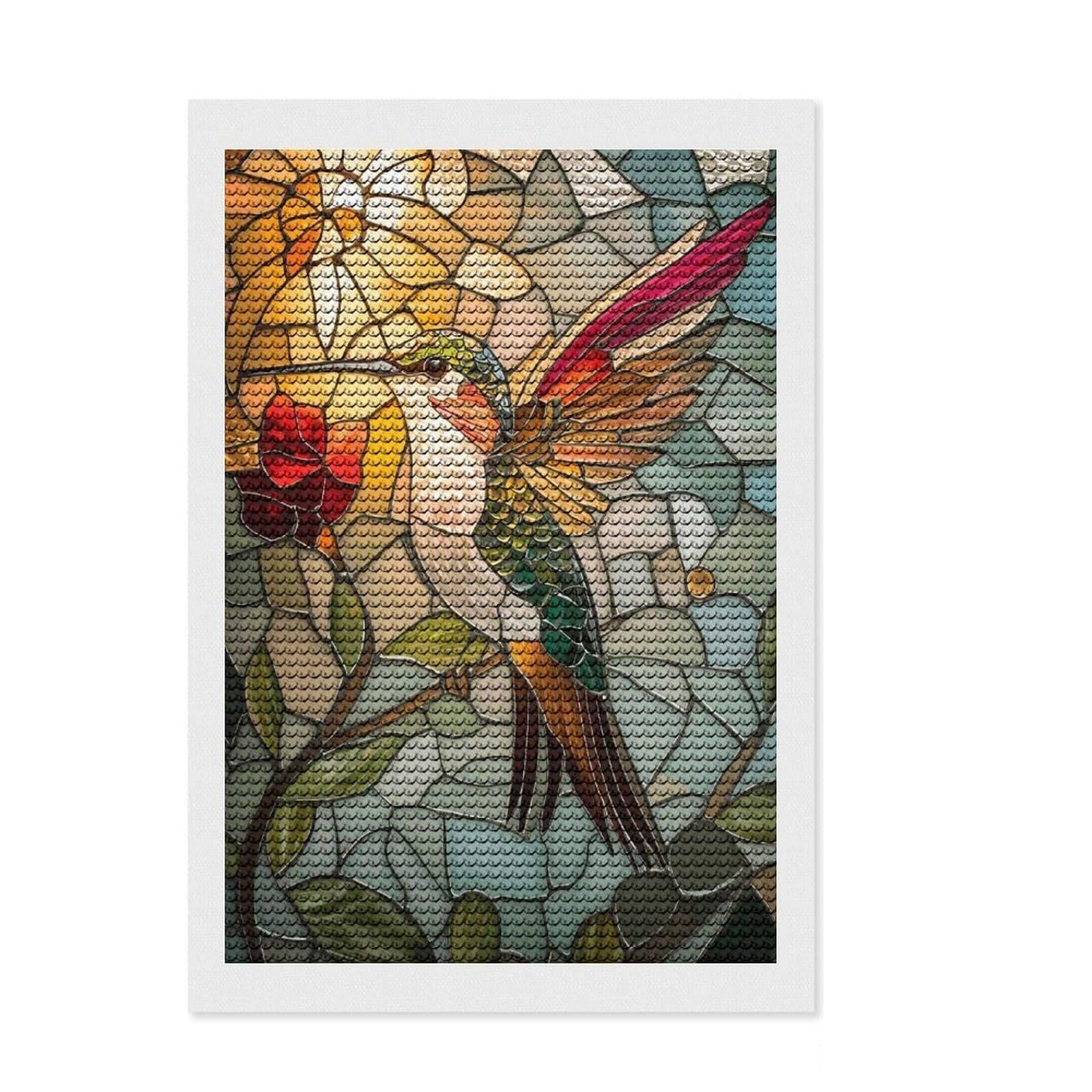 Junmoney Stained Glass Hummingbird Diamond Art Canvas 8"x12", Sparkling Round Gems, Neat Printed Canvas, with Tool Kit, Office Decor, Printed Canvas