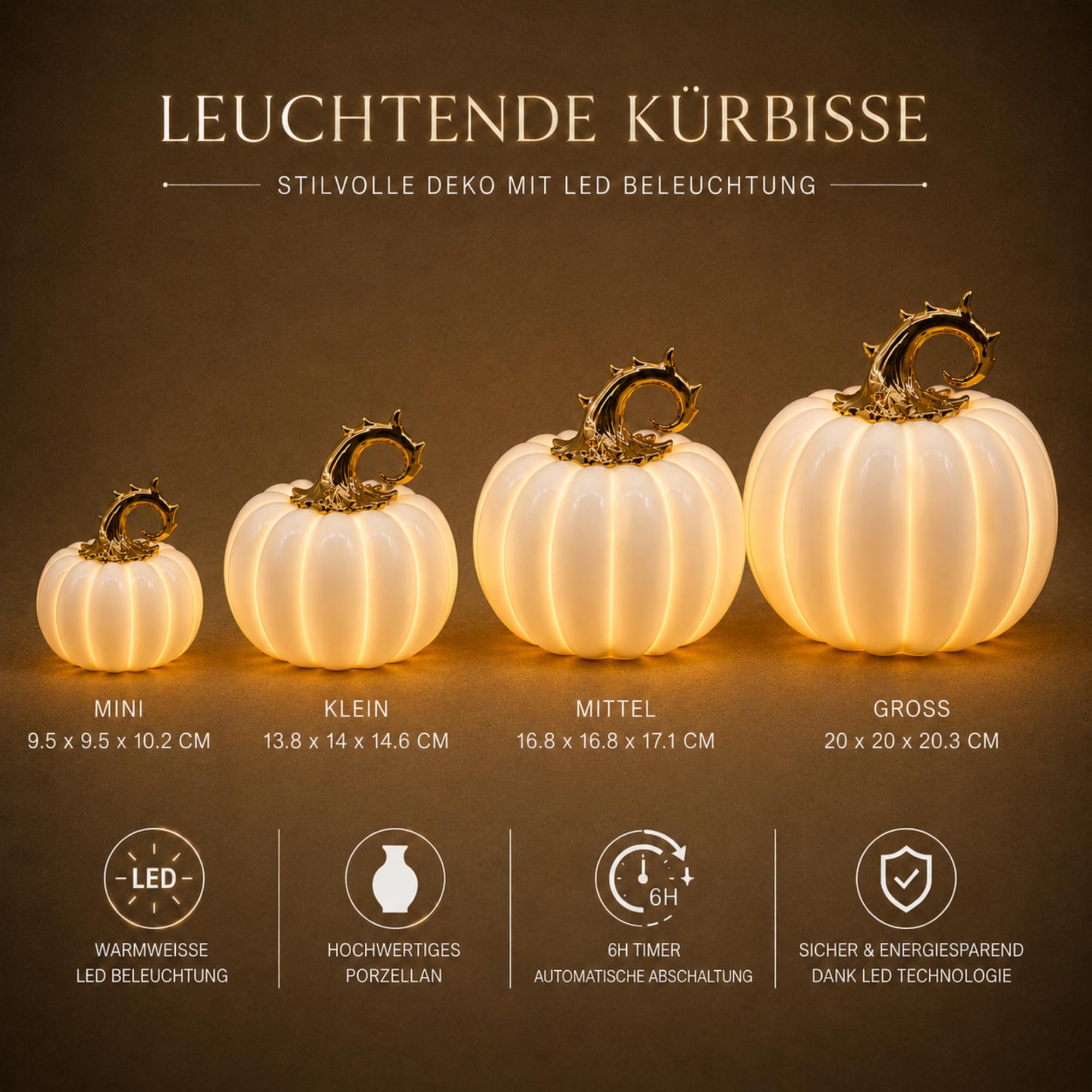 Jumbos Dekowelt Kürbis aus Porzellan mit LED – Leuchtender Deko Kürbis Weiß Gold, 6H Timer, Herbstdeko, Halloween Deko, Warmweiße Beleuchtung, 16,8 x 16,8 x 17 cm Küche, Haushalt & Wohnen