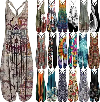 OIOLOYJM Summer Plus Size Boho Overalls for Women 2025 Fashion Jumpsuits Loose Fit Rompers Floral Printed Baggy Harem Pants
