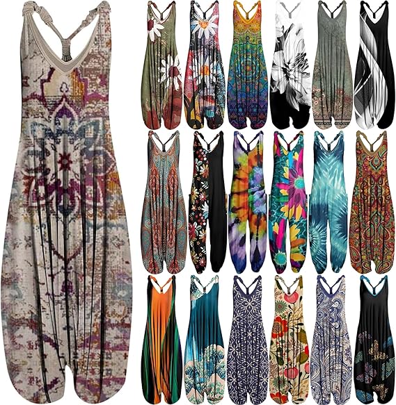 OIOLOYJM Summer Plus Size Boho Overalls for Women 2025 Fashion Jumpsuits Loose Fit Rompers Floral Printed Baggy Harem Pants