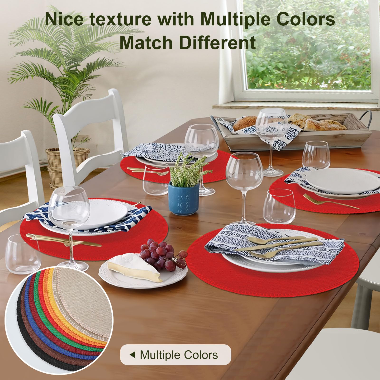 Rinpon Round Placemats Set of 8, Machine Washable Linen-Like Cloth Place Mats & Heat-Resistant for Dining Table - Image 3