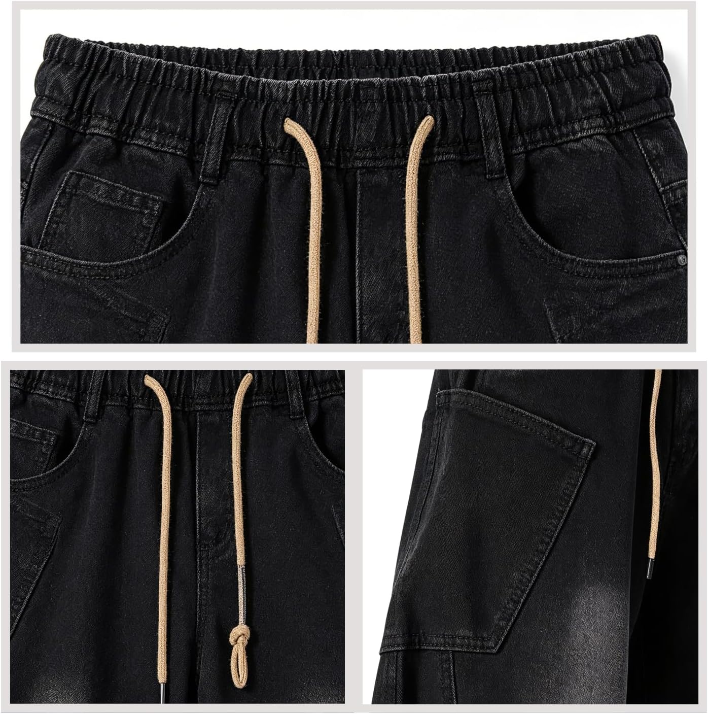 Baggy Jeans Men Elastic Waist Barrel Leg Pants Pull on Drawstring Jeans Grunge Streetwear Clothes