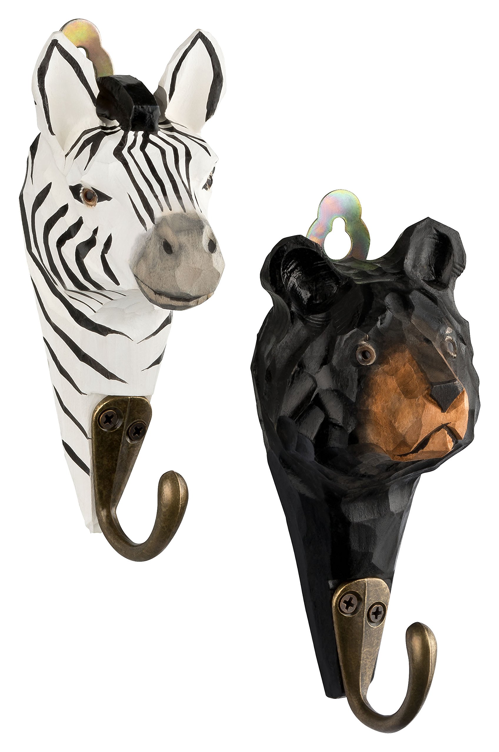 Your Castle 2 Wall Hooks, Clothes and Coat Hooks Made of Wood, Bear and Zebra, Handmade with Metal Hooks, Size: 5.11 in.