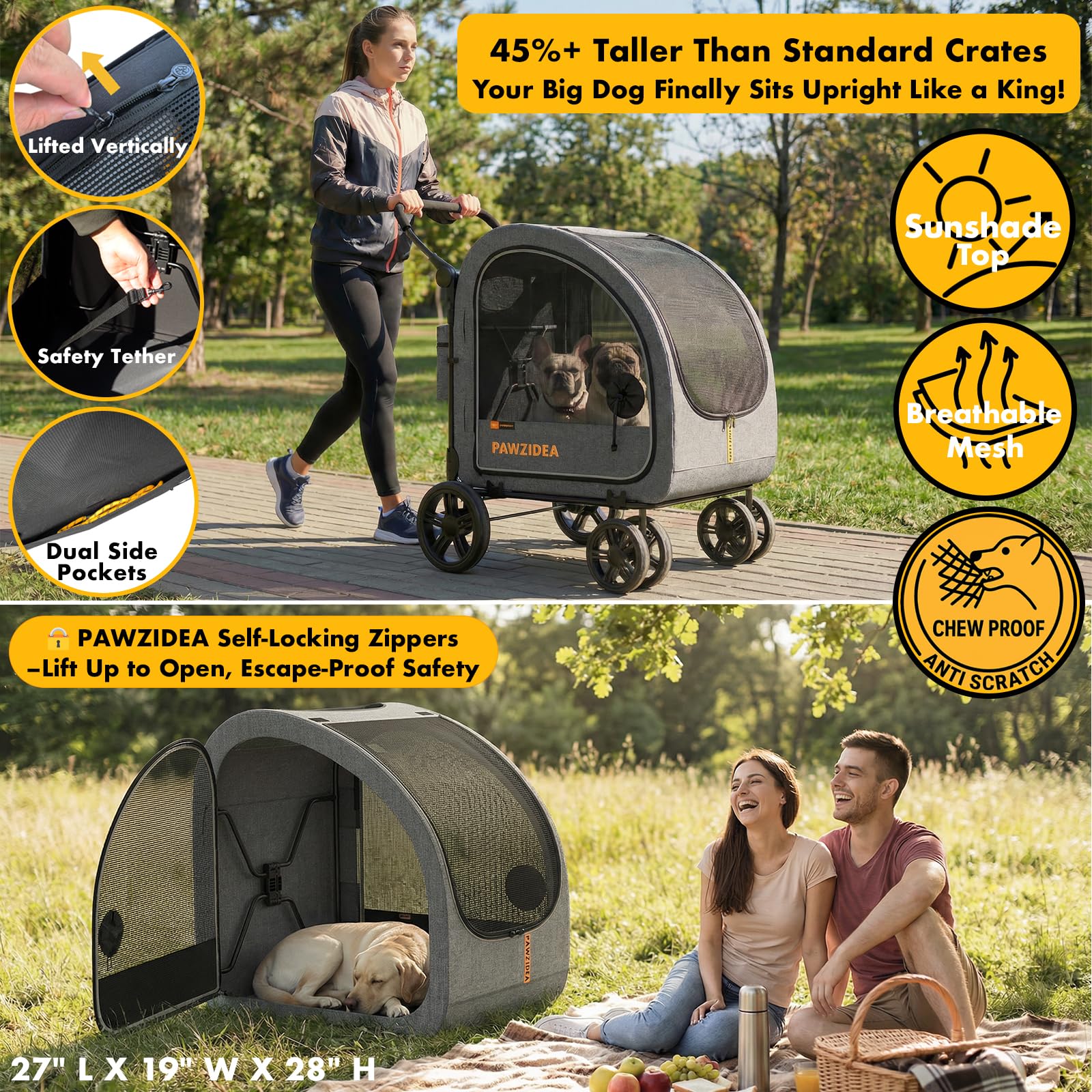 PAWZIDEA Passeggino per cani di grandi dimensioni, extra large, con trasportino staccabile, fino a 50 kg (grigio)