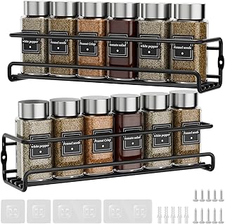 Priksia Wall Spice Rack, Set of 2 Spice Organisers, No Drilling, Hanging Metal Spice Holder with Self-Adhesive and Screws for Spice Jars, Kitchen Cabinet, Pantry Door