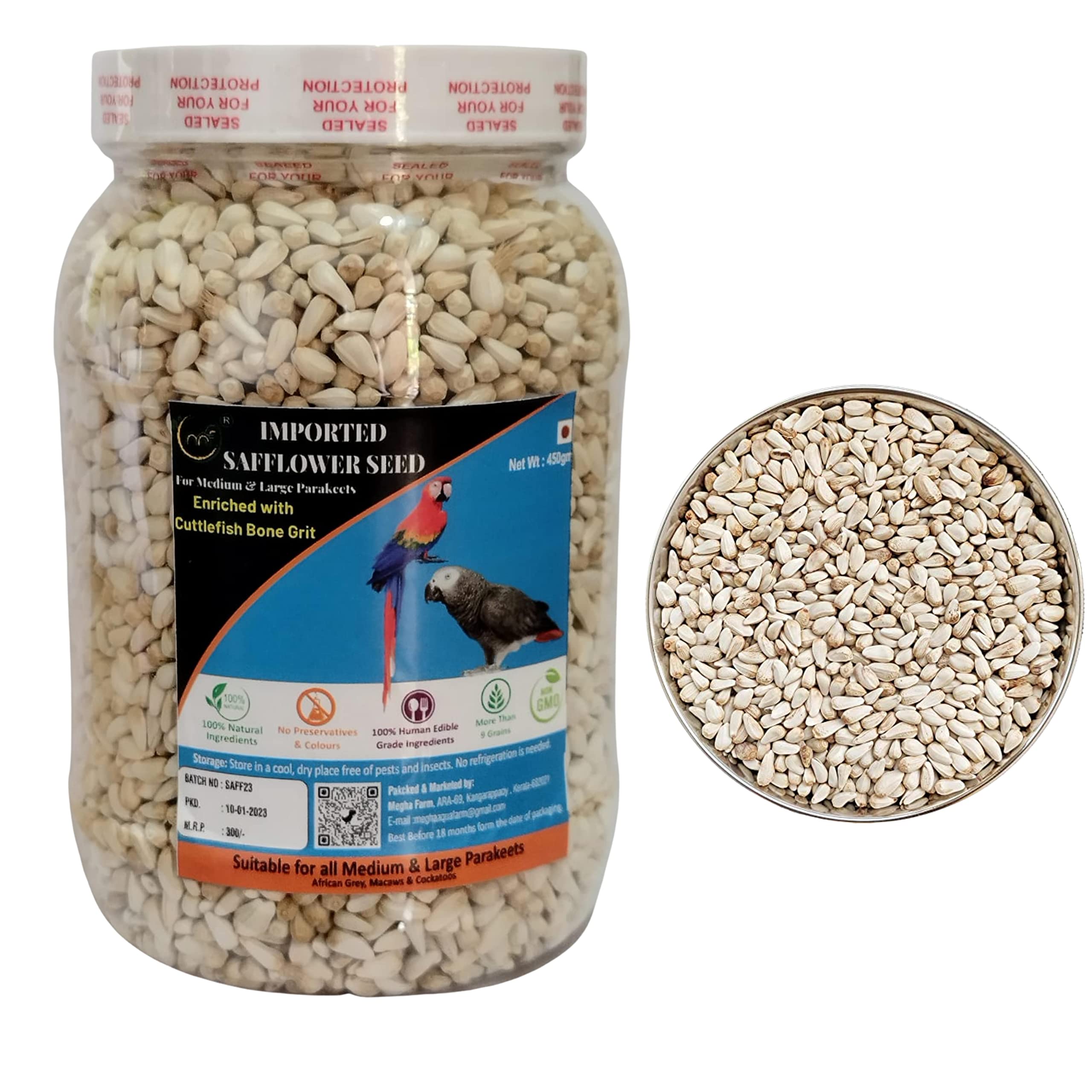 Bird Feed Premium Safflower Seeds 450 Gm Kusum Beej/Kardi Seed For Birds Enriched With Cuttlefish Bone Grits,Hand Picked Seeds, Egg Hatching, Growth Of Babies, All Life Stages
