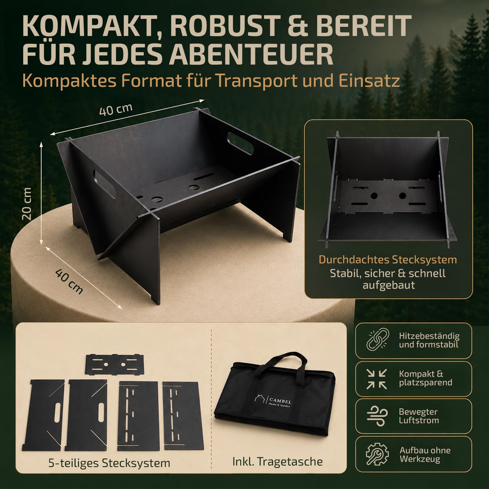 CAMBEL Braciere da campeggio in acciaio, 4 mm, braciere portatile, per esterni, sistema a incastro, compatto per giardino e campeggio, con borsa per il trasporto