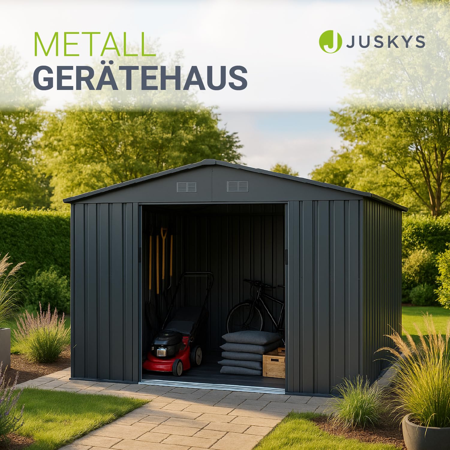 Juskys Geräteschuppen Metall XXL – Gartenhaus & Gerätehaus mit Schiebetür, Fundamentrahmen & Schloss, wetterfester Gartenschrank zur Aufbewahrung – Dunkelgrau