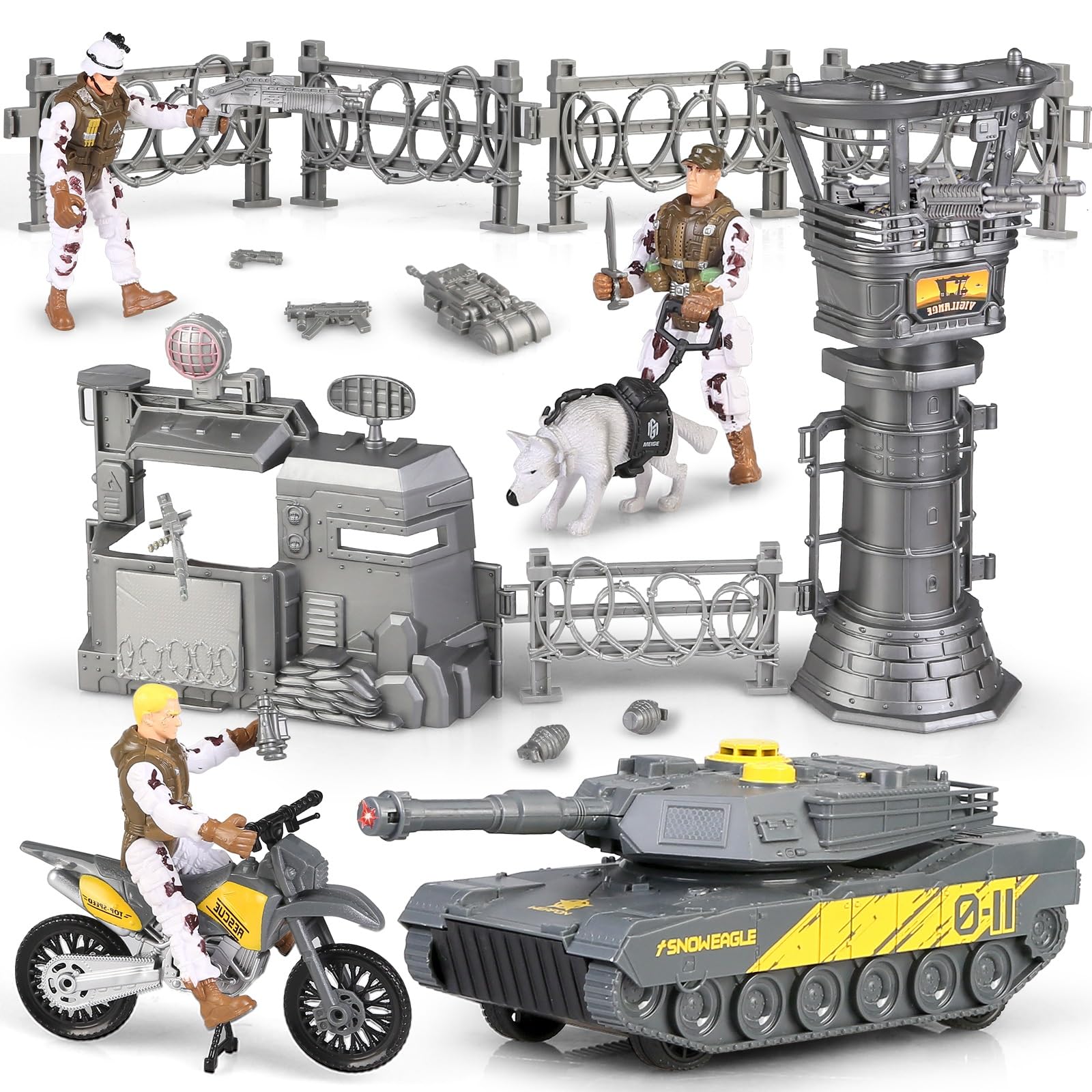 Militare Base Toys Set, Veicoli Militari Elicottero Tank Toys, Esercito Uomini Soldati Action Figure e Arma Gear Accessori Militari Combattimento Moto Giocattoli Regalo per Bambini Ragazzi Età 3+