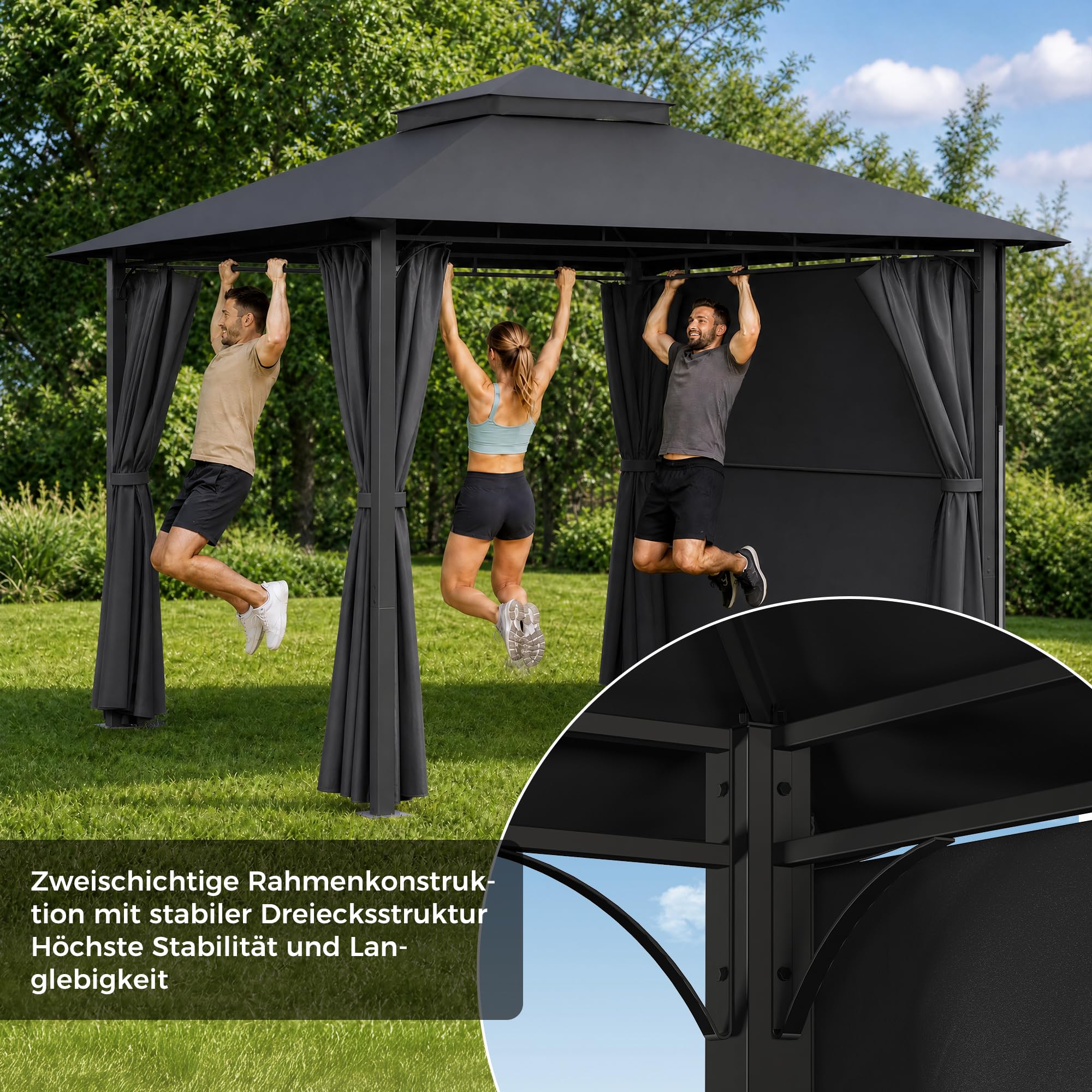 JUMMICO Pavillon 3 x 3 m Grillpavillon, mit 1.8m Verstellbarer Markise, Erweiterbar auf 3 x 4,8 m, für 6-10 Personen zum Entspannen, Grillen und Feiern, mit vierseitigem Stoffbesatz, Dunkelgrau