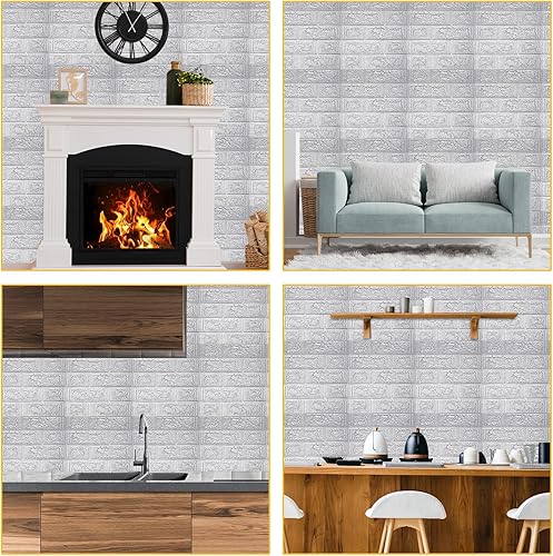Miniatura 7 de uxcell Paneles de pared 3D para despegar y pegar, 30 piezas de papel tapiz de ladrillo de espuma para dormitorio, panel de pared de piedra sintética