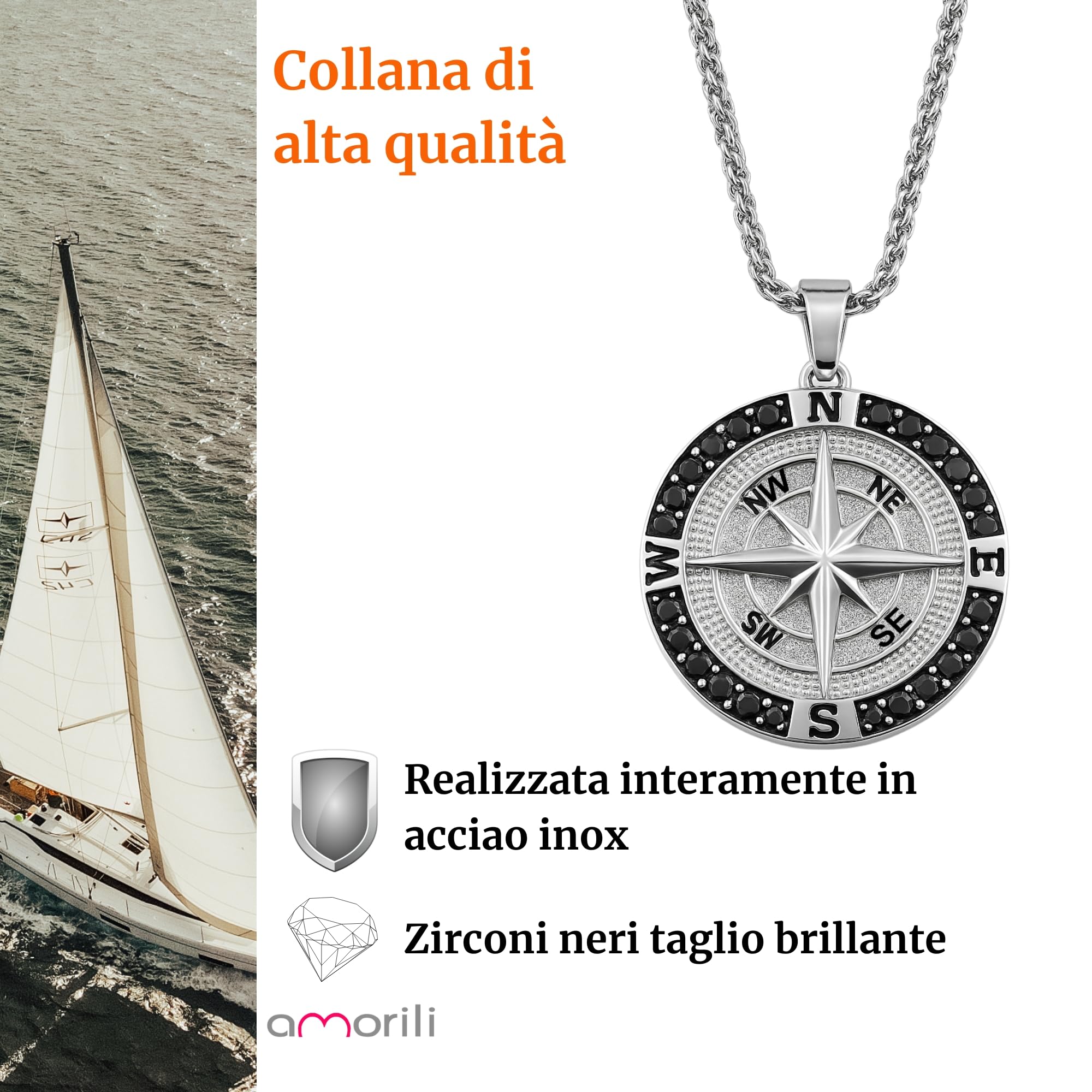 Collana Uomo Rosa dei Venti in Acciaio Inox – Ciondolo Bussola Ø2 cm – Catena Veneziana 50 cm – Stile Nautico Elegante – Idea Regalo Avventura cll2260
