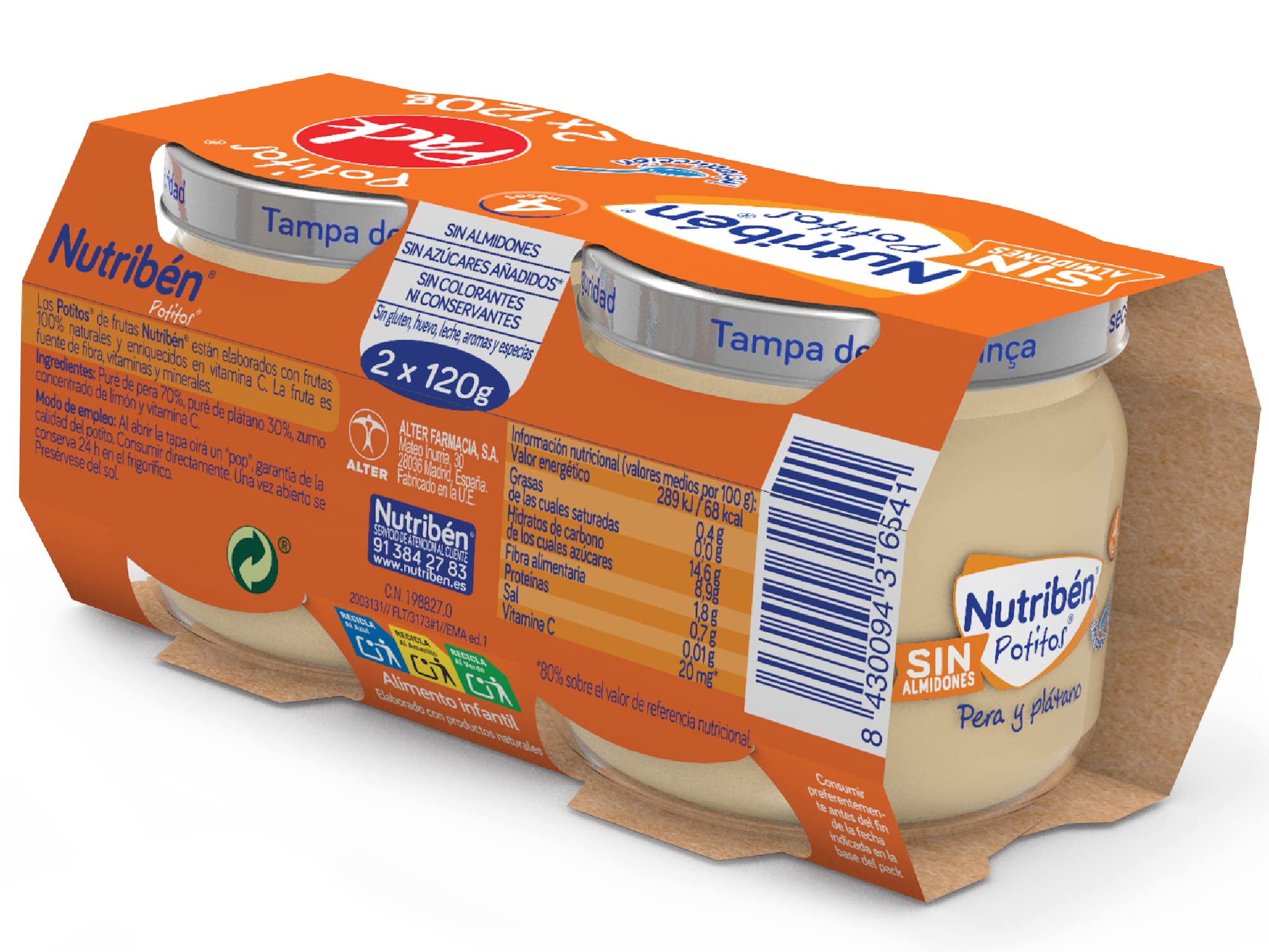Nutribén Ecopotitos de Pera y Plátano, 100% Fruit, Organic, From 6 Months, Pack of 6 x 120 gr