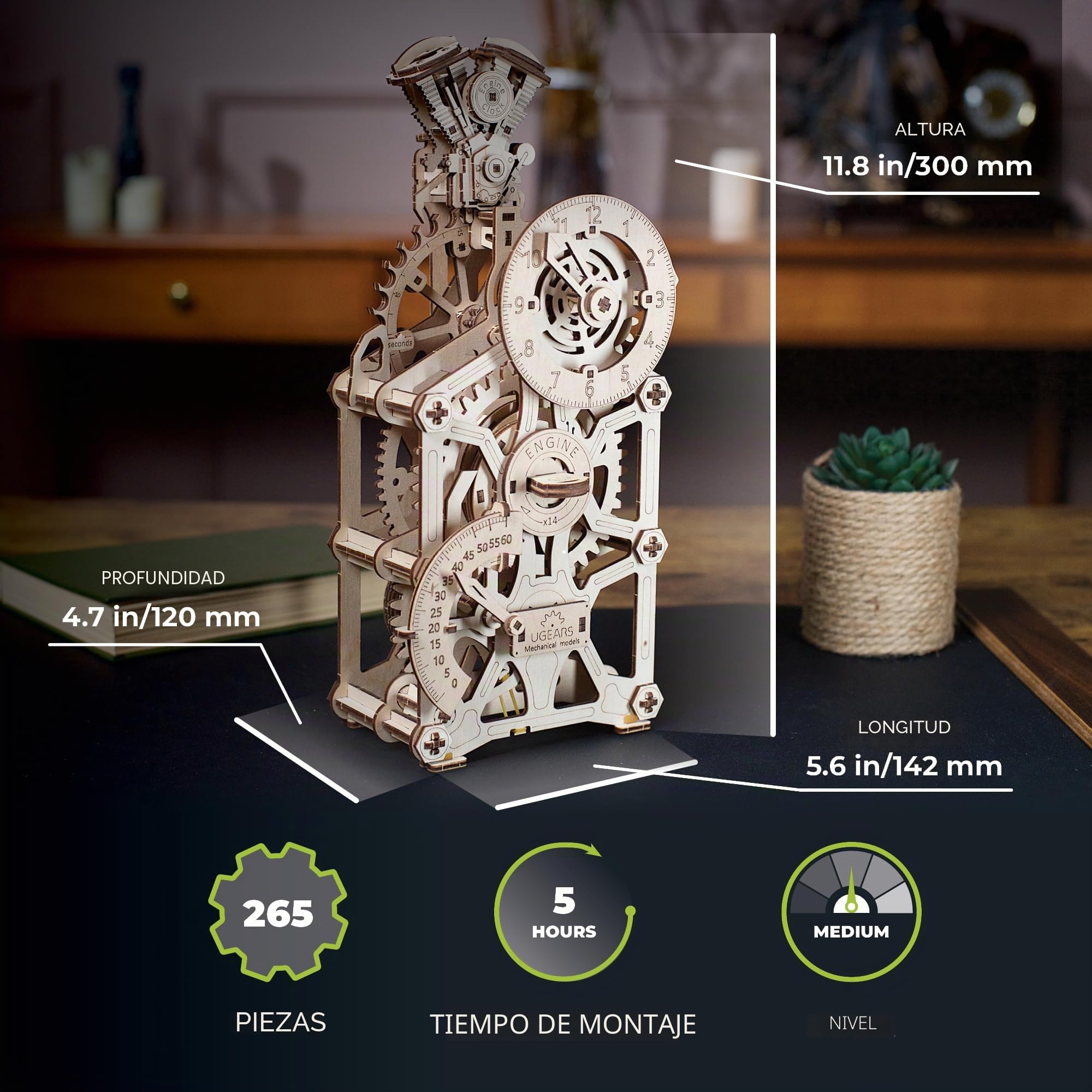 UGEARS Reloj de Motor Puzzle 3D Madera - Maqueta para Construir Mecánico con Diseño de Motor - Kit de Maqueta Madera 3D Reloj para Montar - Ideal para Aficionados de la Rompecabezas