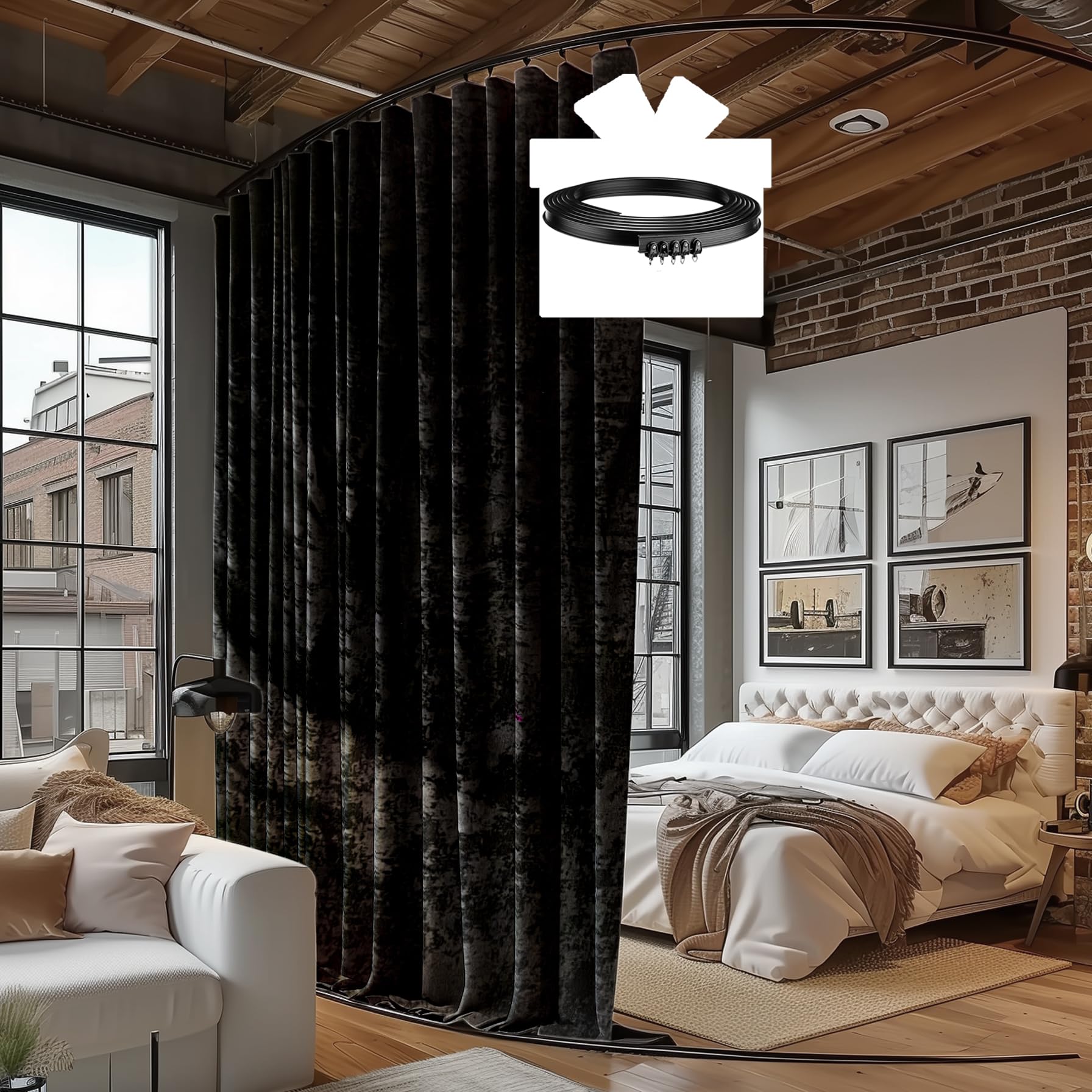 Room Divider Curtains with Ceiling Track, 100% Blackout Heavy Ceiling Curtains Noise Reduction Privacy Curtain Track System Kits, 8.3 ft Wide x 9 ft Tall, Black, 1 Panel