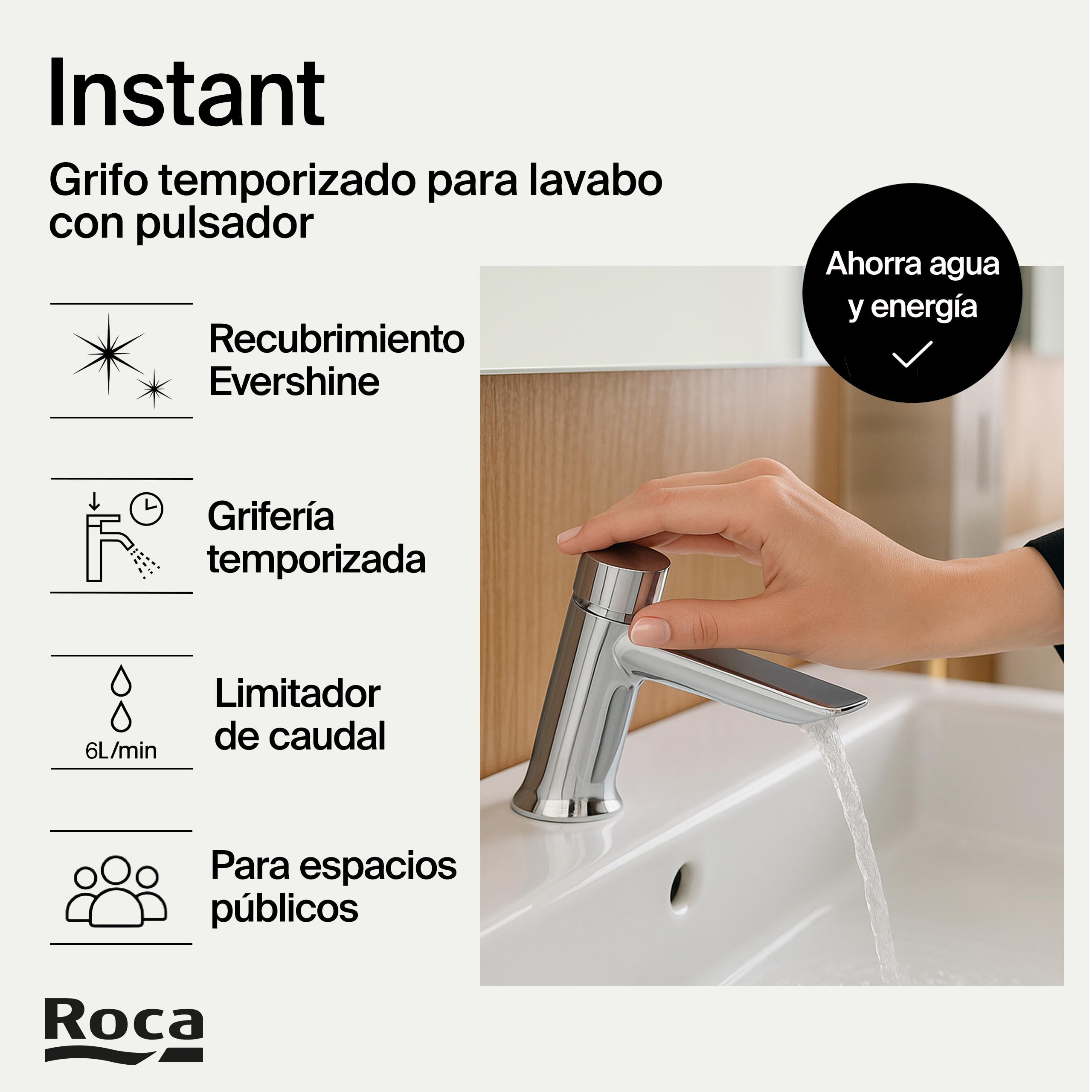 Roca Instant Grifería para lavabo temporizada, grifo monomando de repisa con pulsador, mezclador para cuarto de baño con limitador de caudal y cierre automático en 15 segundos, cromado, A5A4277C00
