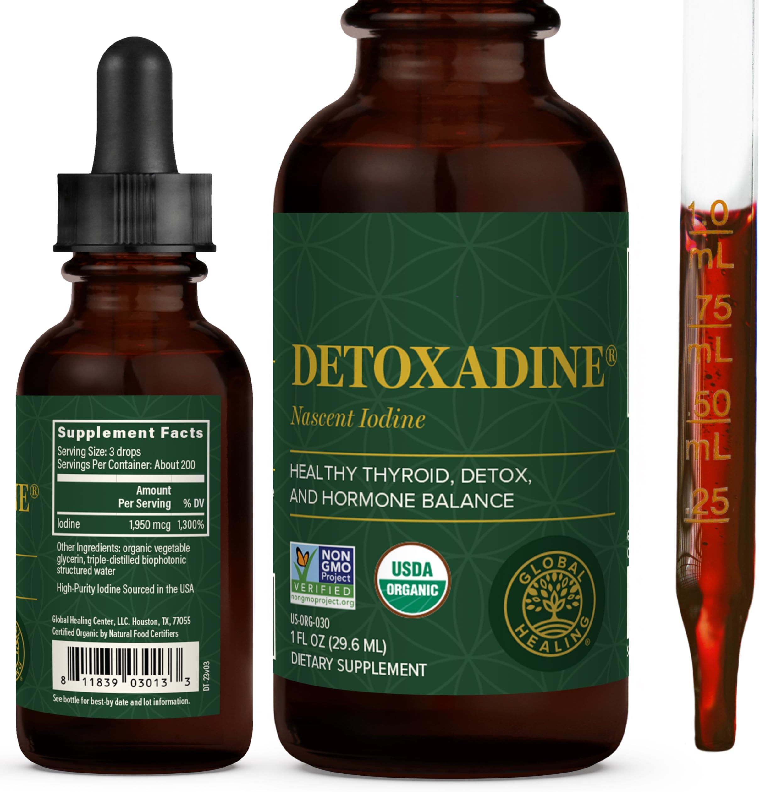 Global Healing Center Detoxadine, Organic Nascent Liquid Iodine Supplement Drops for Thyroid Support, 1950 mcg, Non-GMO, Vegan Friendly, 200 Servings, 6-Month Supply (1 Fl Oz)